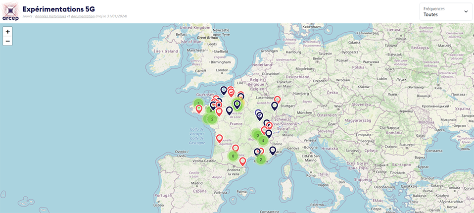 Illustration représentant le site cartographiant les expérimentations 5G en France métropolitaine