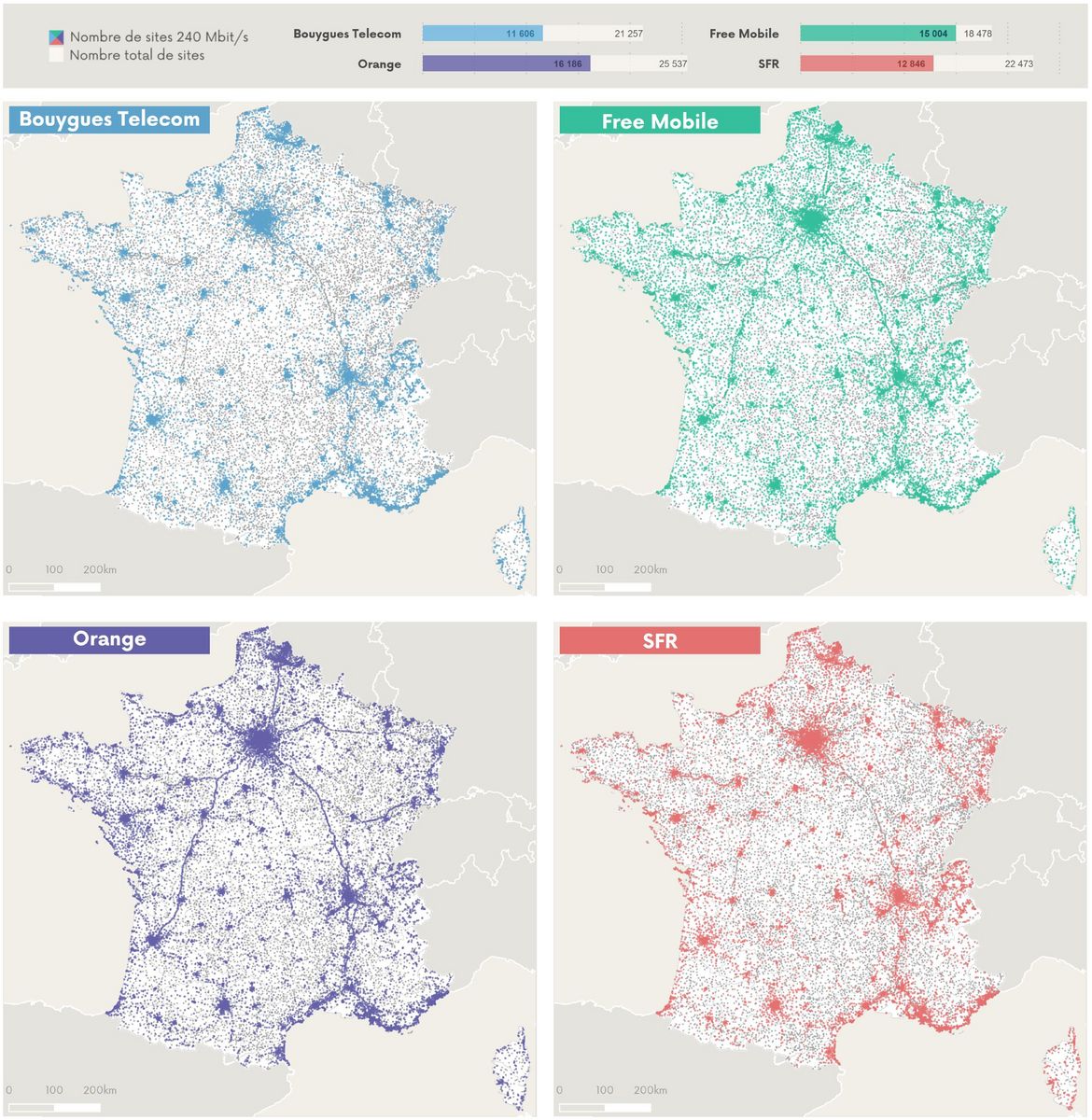 Cartographie des sites 240 Mb/s par opérateur (données au 30 septembre 2020)