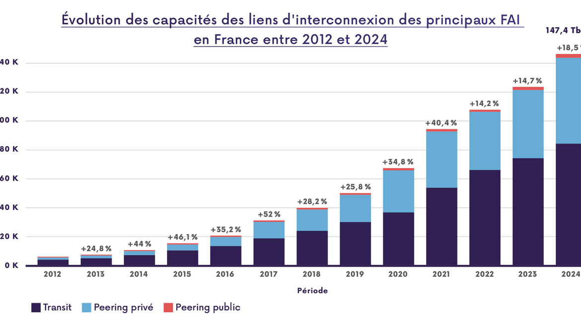 Graphique montrant l'évolution des capacités installées dans les réseaux des opérateurs entre 2012 et 2024.