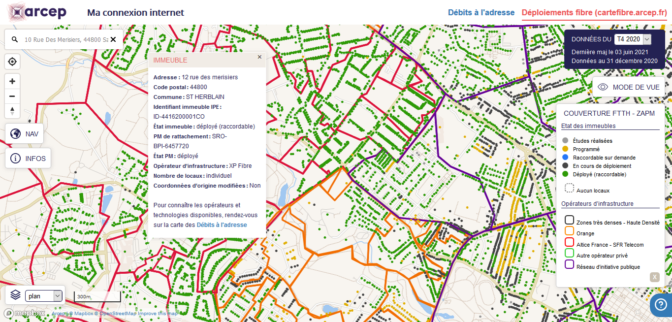 Carte de suivi des déploiements des réseaux fibre par adresse, à Nantes