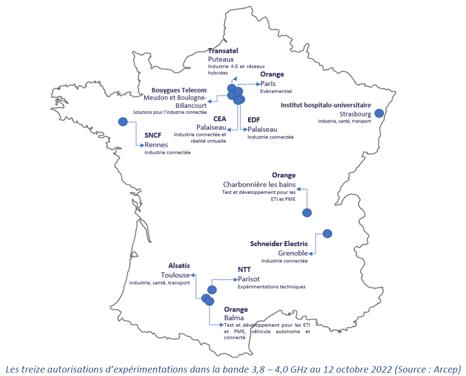 Map of experiments in the 3.8 – 4.0 GHz band as of October 12, 2022