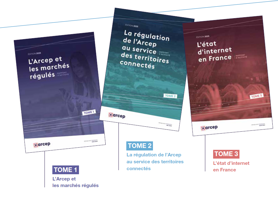 Les couvertures des 3 tomes du rapport annuel de l'Arcep édition 2023