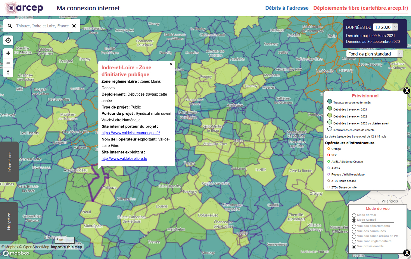 Carte de suivi des déploiements prévisionnels des réseaux fibre, autour de Montélimar