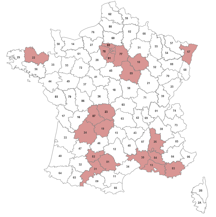 Carte des départements (en rouge) où des conditions techniques spécifiques pourront être nécessaires pour le déploiement de réseaux 5G dans la bande 3,8-4,0 GHz