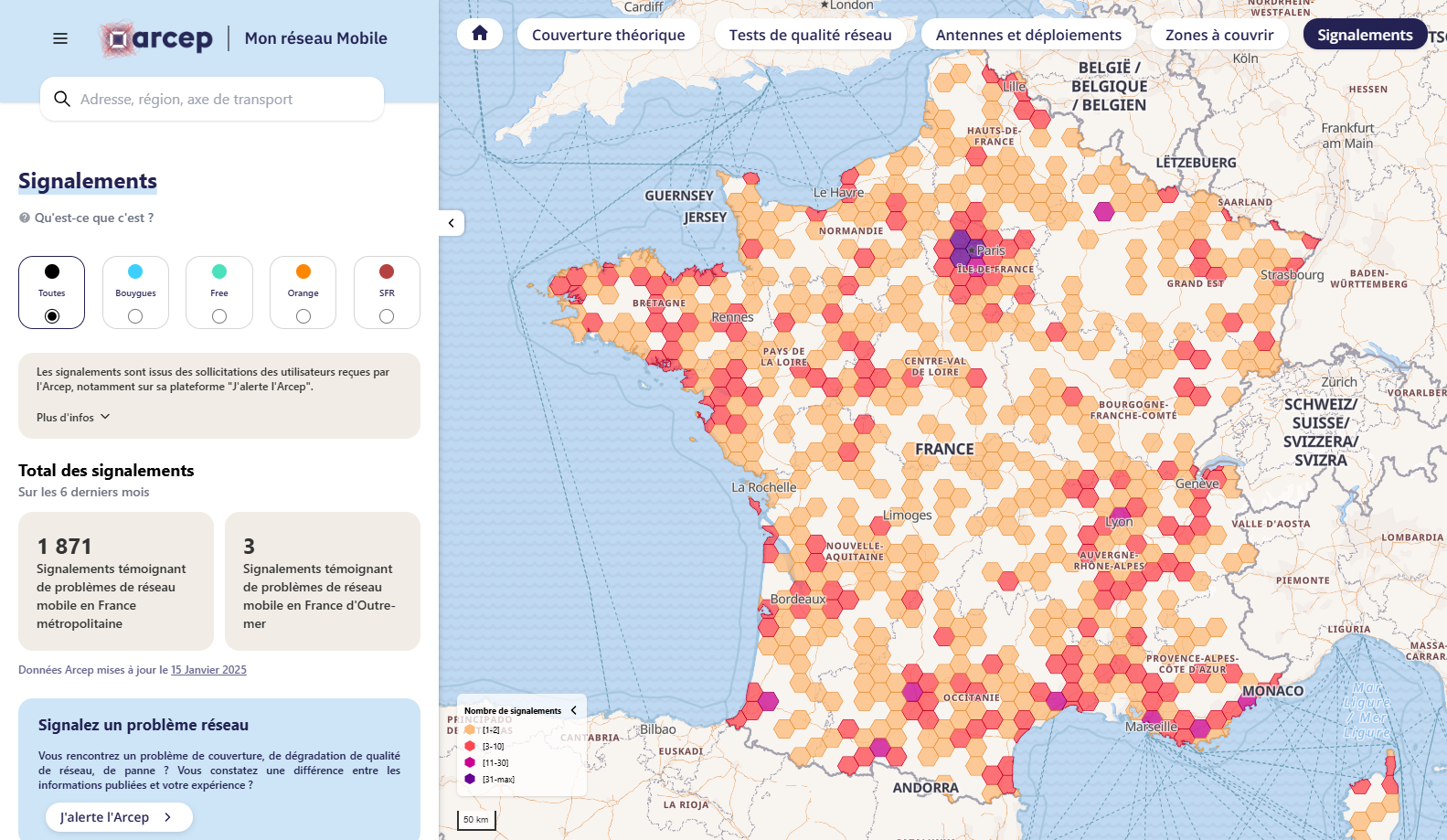 Illustration de la nouvelle interface du site "Mon Réseau Mobile" onglet "signalements"