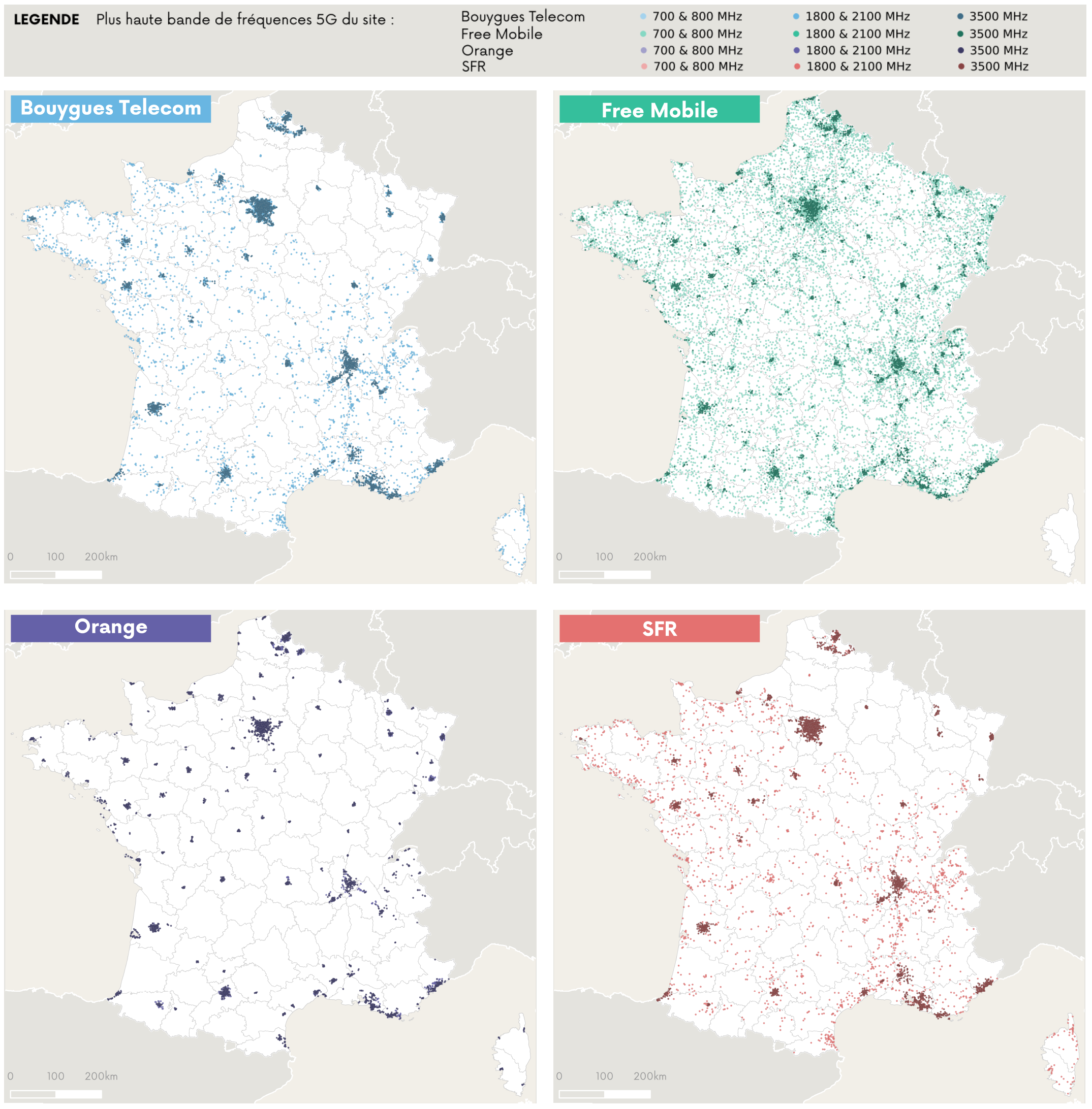 Cartographie des sites 5G ouverts commercialement par opérateur