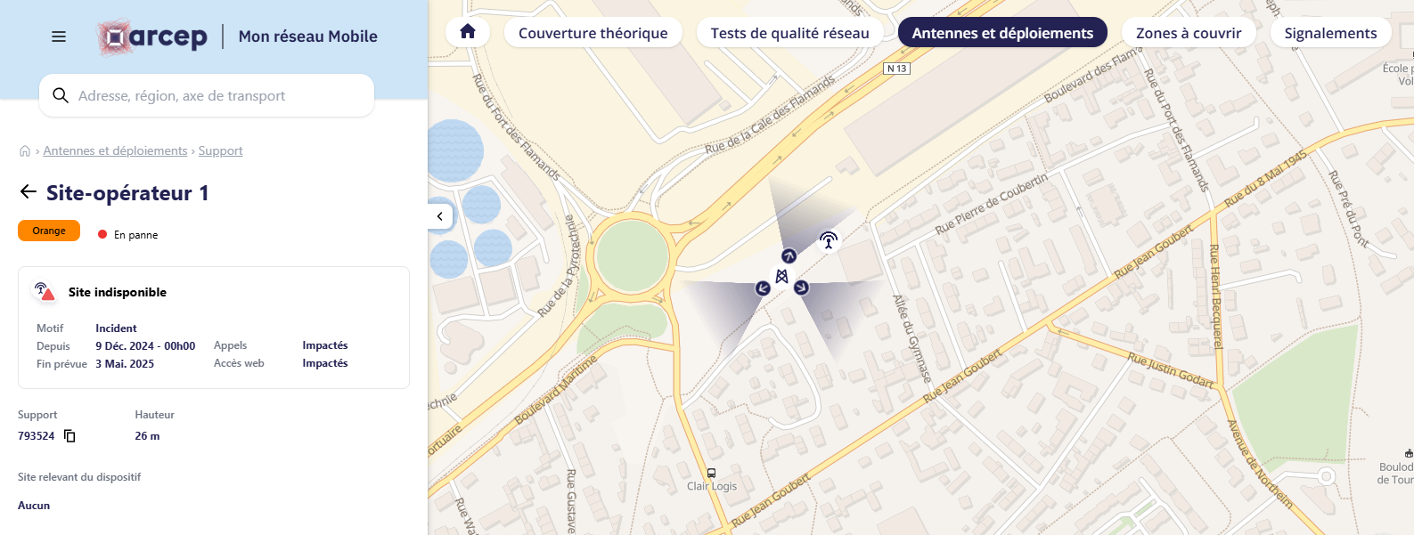 Extrait de la nouvelle interface du site "Mon Réseau Mobile" - onglet "Antennes"