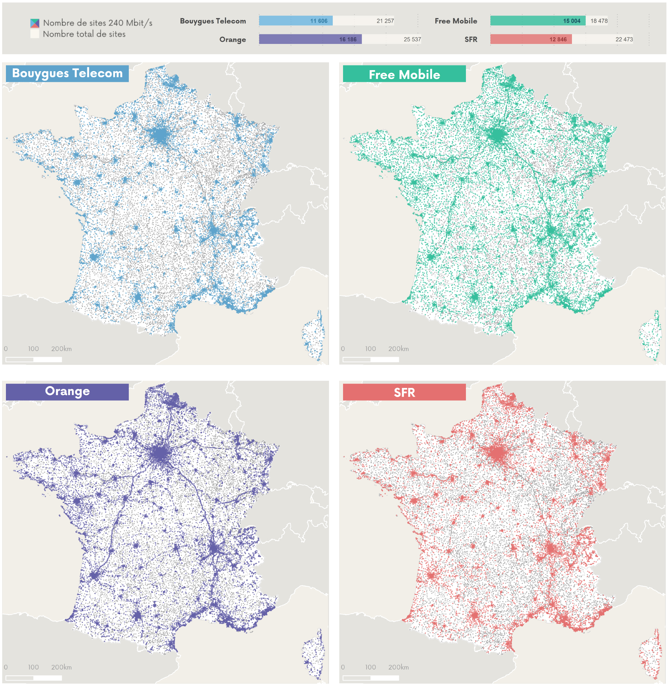Cartographie des sites 240 Mb/s par opérateur (données au 30 septembre 2020)