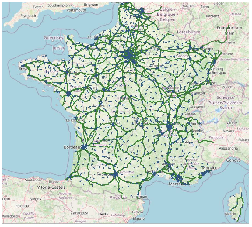 Emplacements des mesures 2022. En bleu : mesures « lieux de vie » ; en vert : mesures « transports »