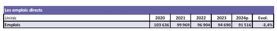 Tableau représentant les emplois directs de 2020 à 2024 (prov)