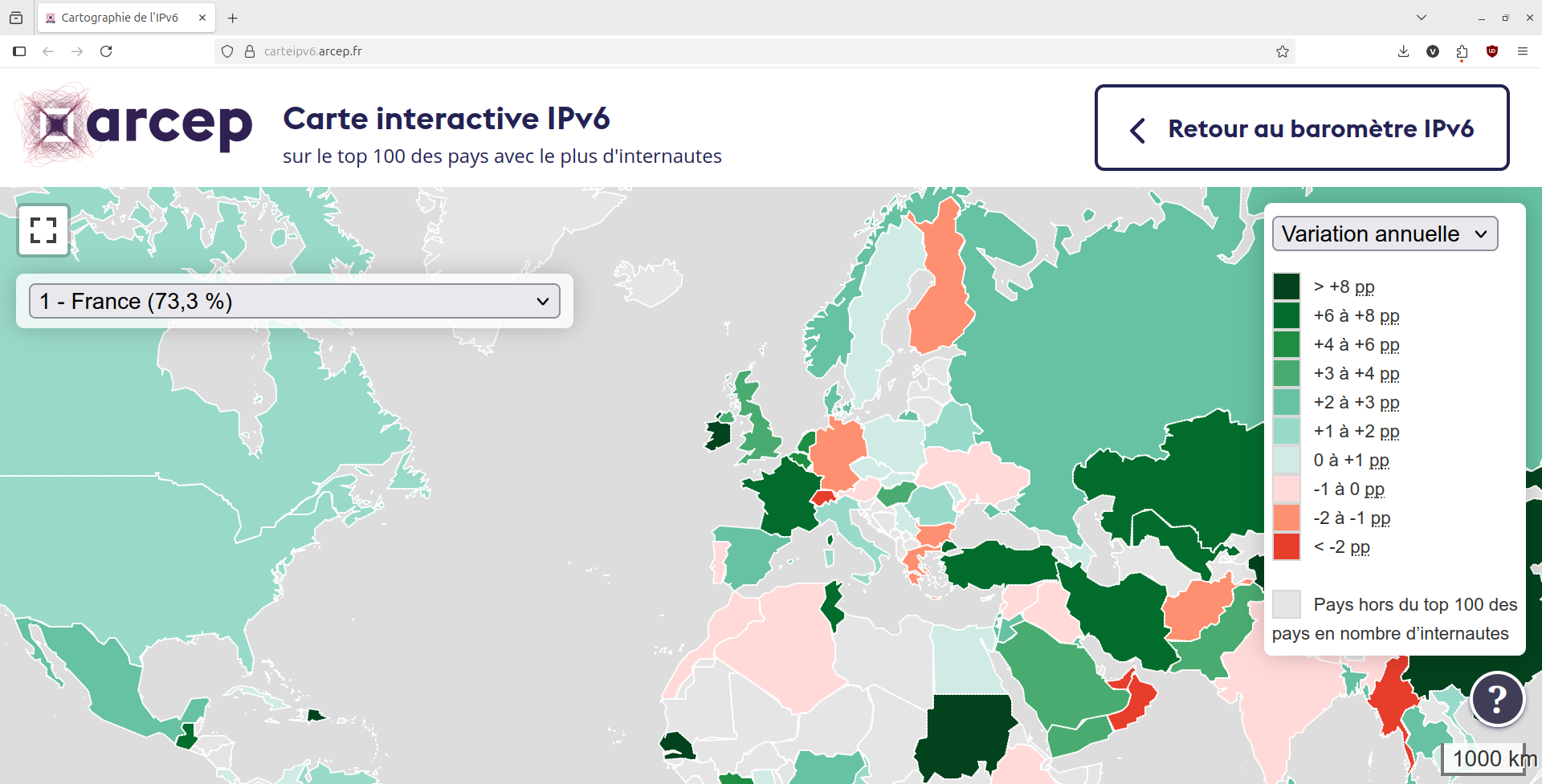 Capture d'écran de la carte interactive IPv6 de l'Arcep