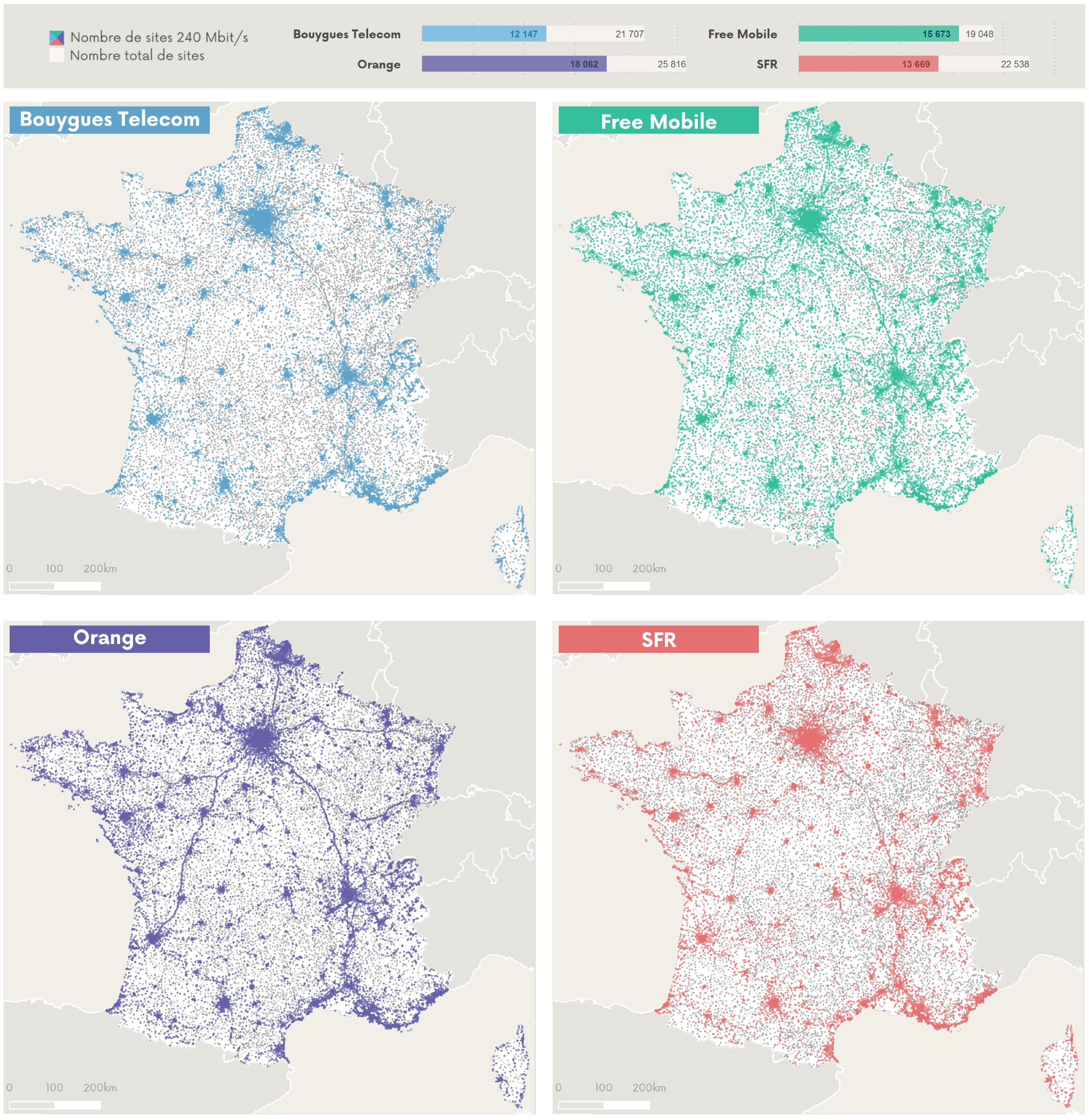 Cartographie des sites 240 Mb/s par opérateur (données au 31 décembre 2020)
