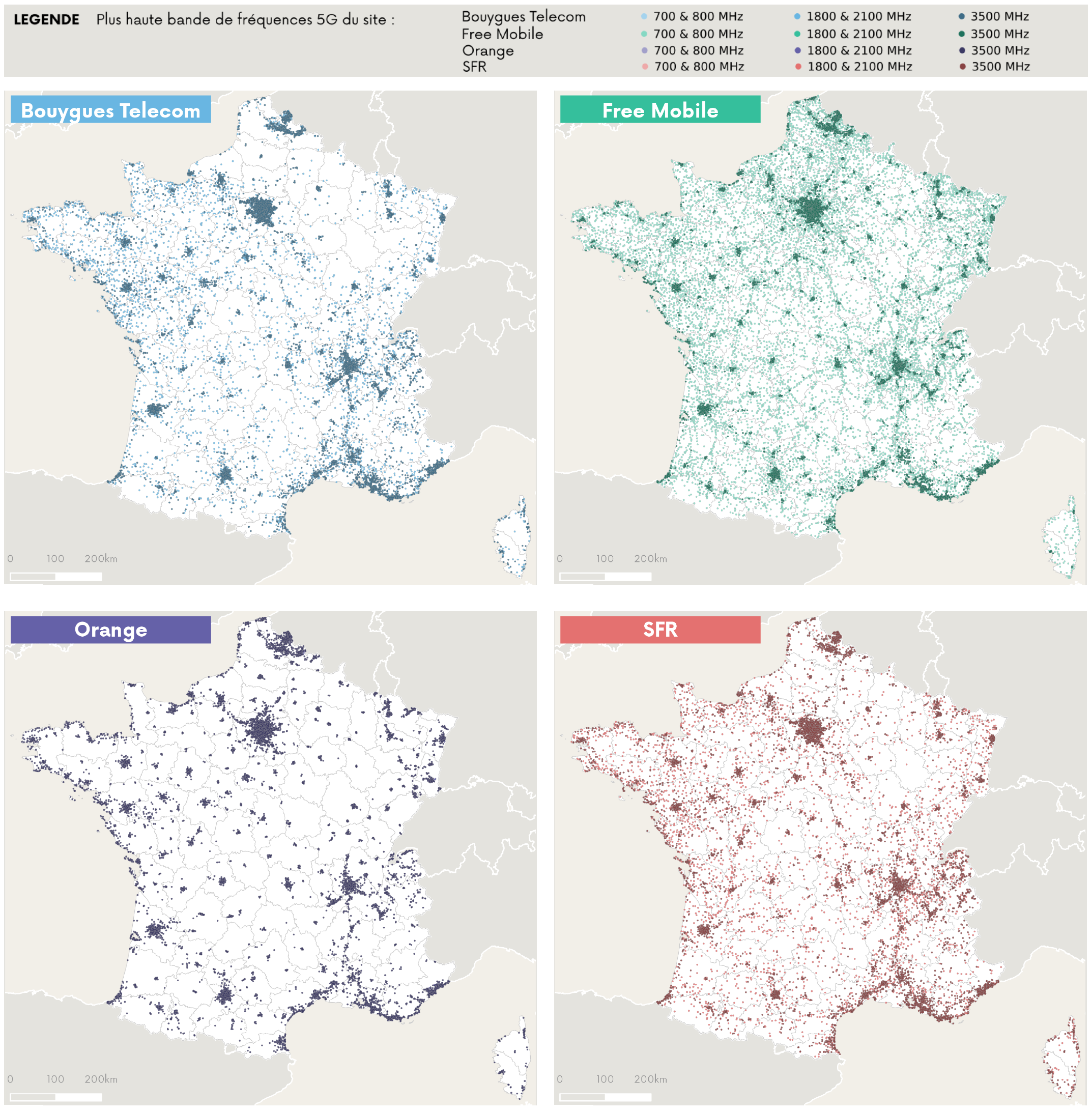 Cartographie des sites 5G ouverts commercialement par op&eacute;rateur