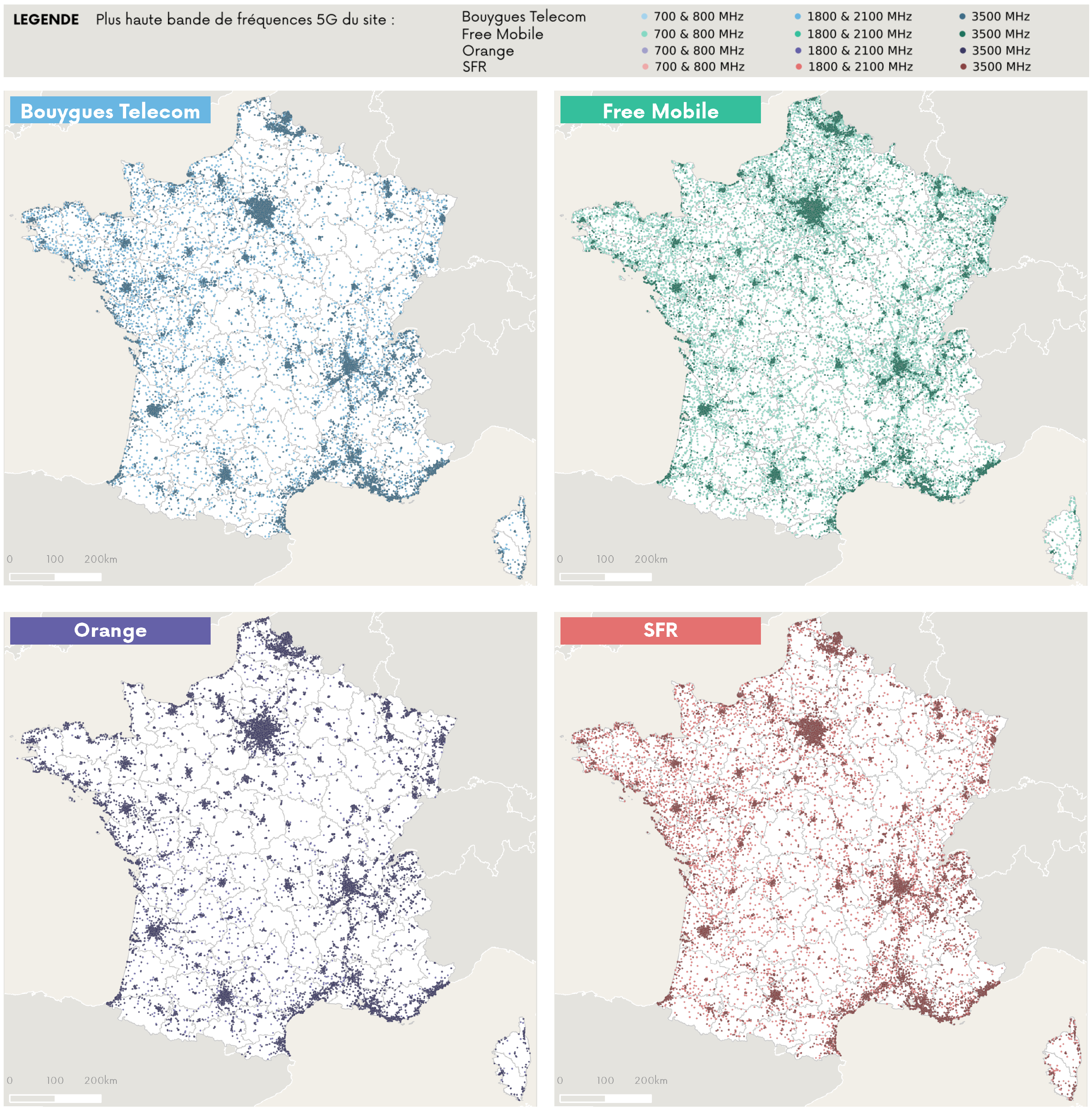 Cartographie des sites 5G ouverts commercialement par op&eacute;rateur