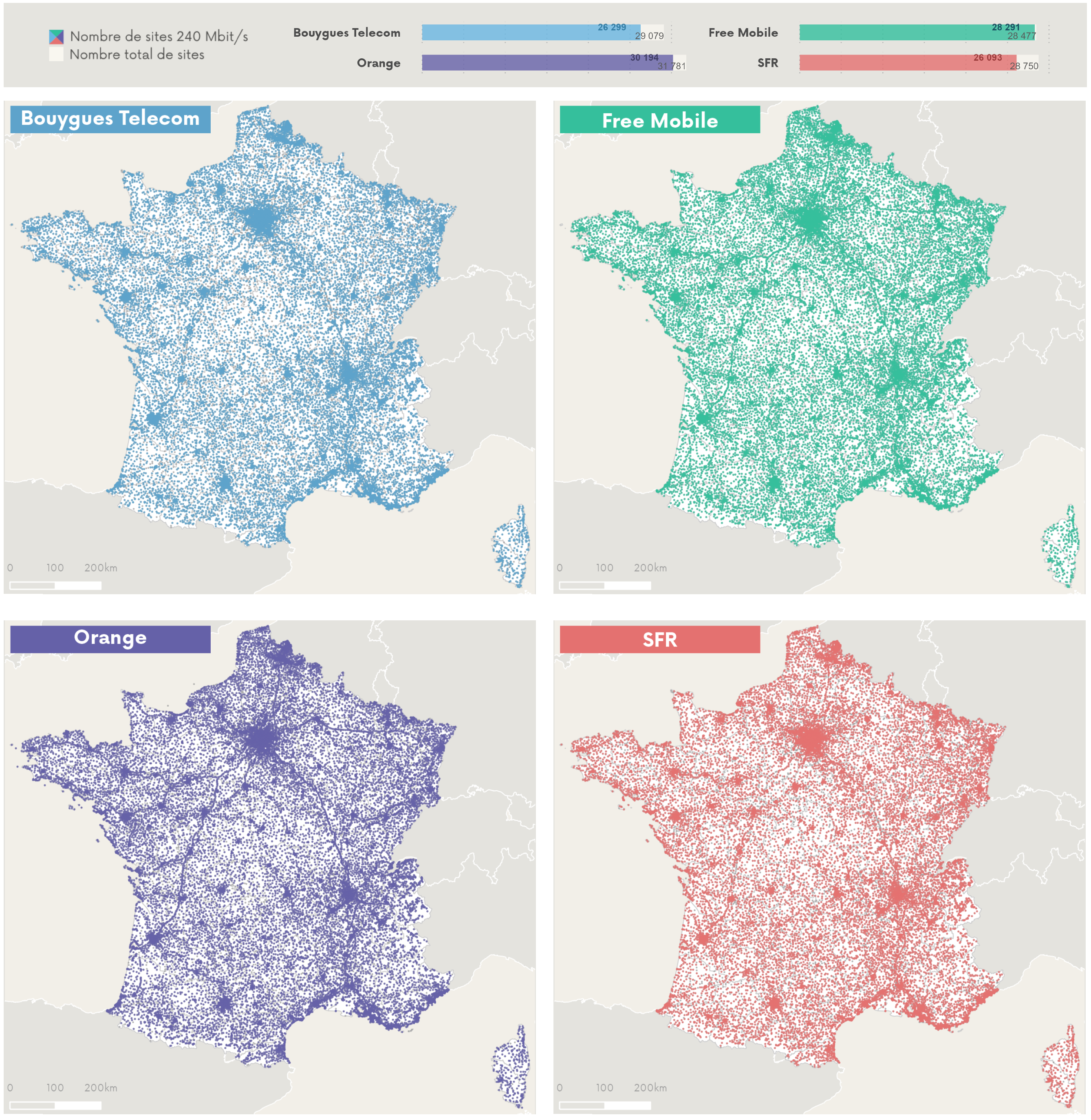 Cartographie des sites 240 Mb/s par op&eacute;rateur