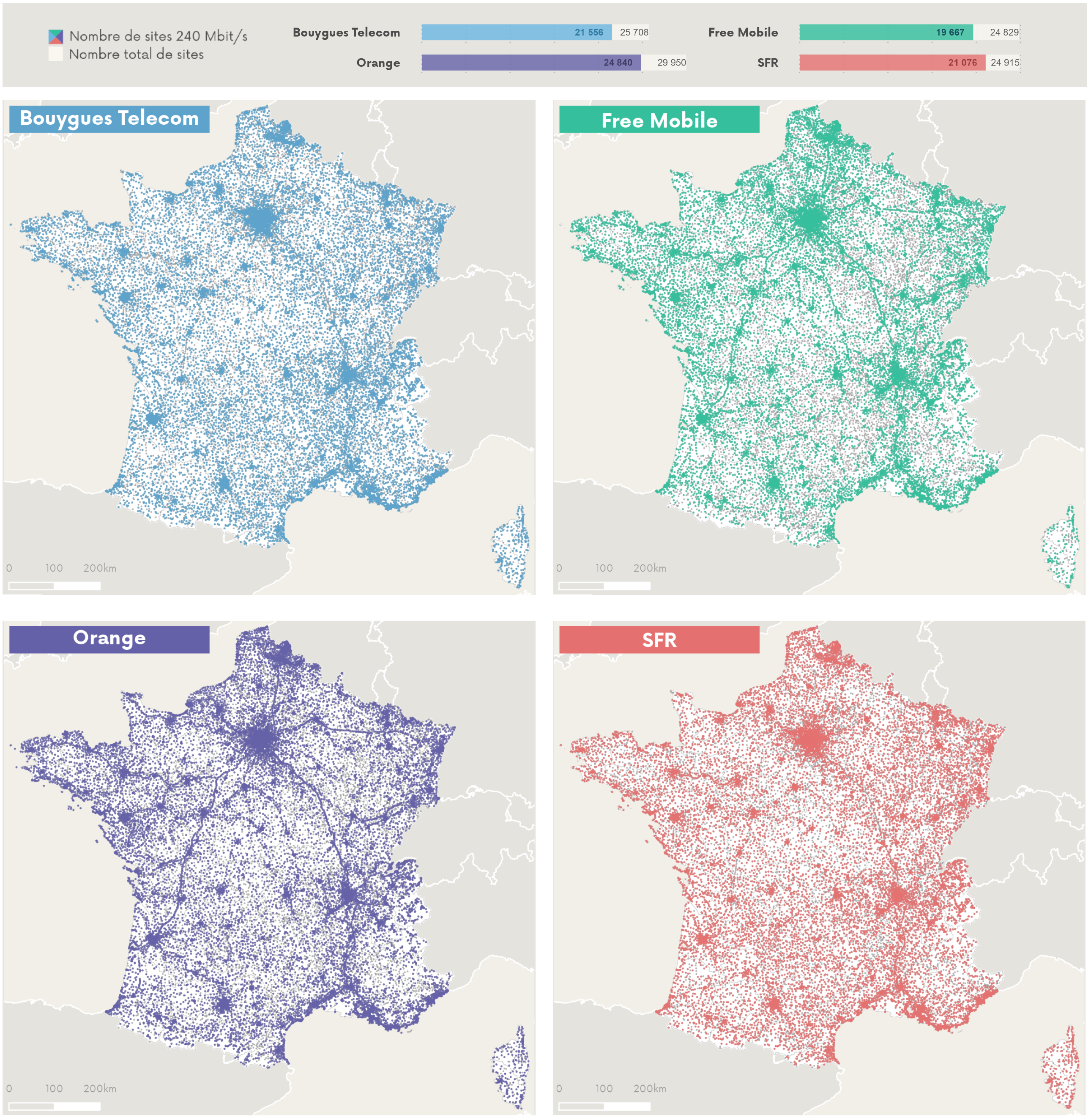 Cartographie des sites 240 Mb/s par op&eacute;rateur