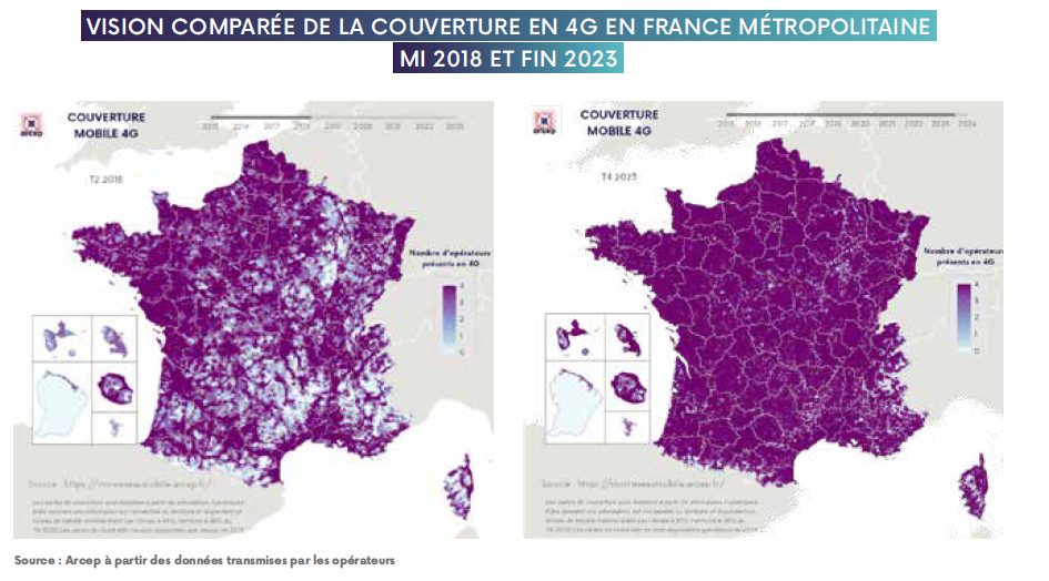 Vision compar&eacute;e de la couverture 4G en Fance m&eacute;tropolitaine mi-2018 et fin 2023