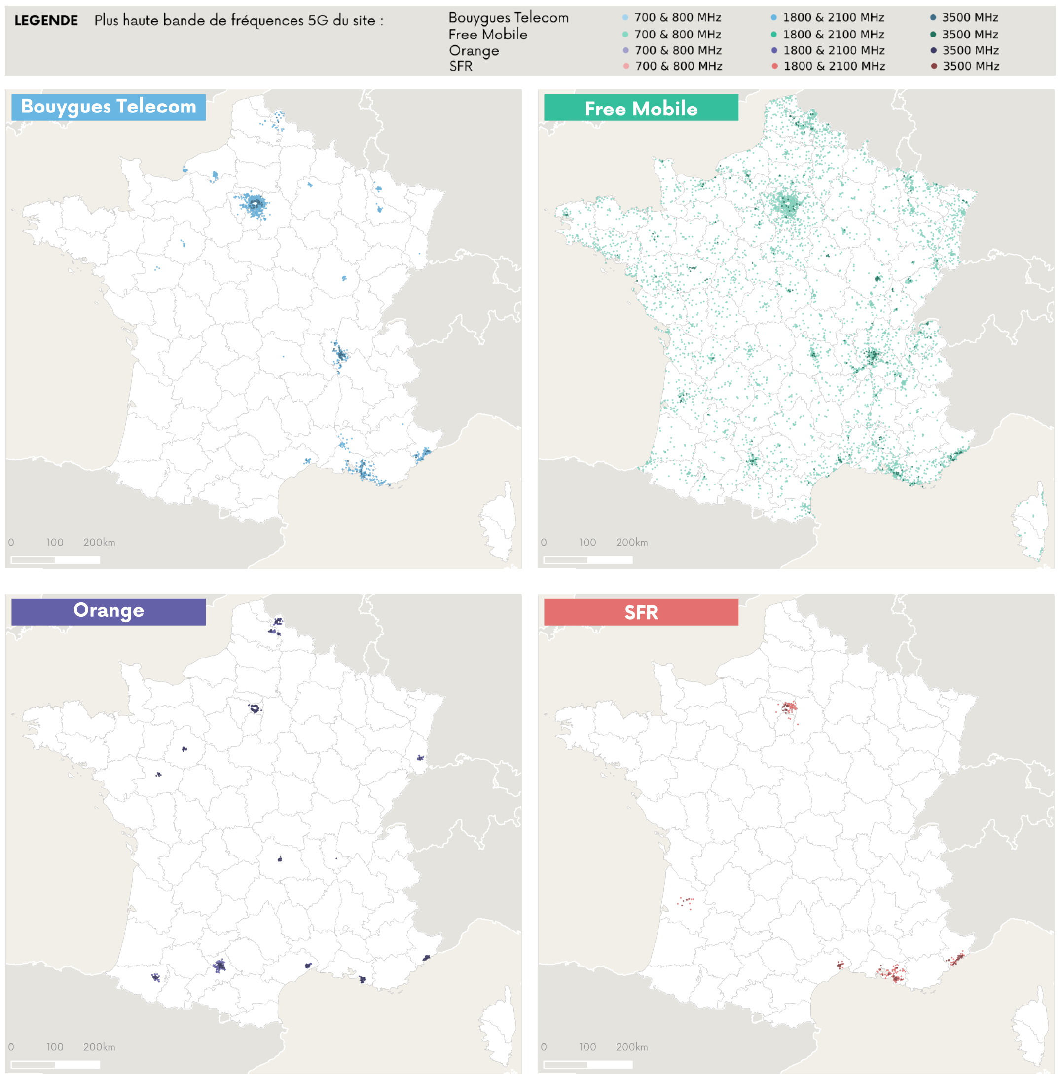 Cartographie des sites 5G ouverts commercialement par op&eacute;rateur
