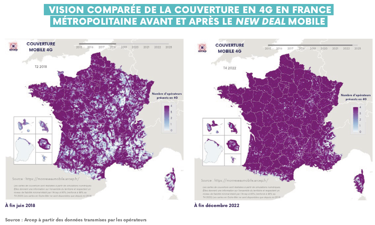 Vision compar&eacute;e de la couverture en 4G en France m&eacute;tropolitaine avant et apr&egrave;s le New Deal Mobile