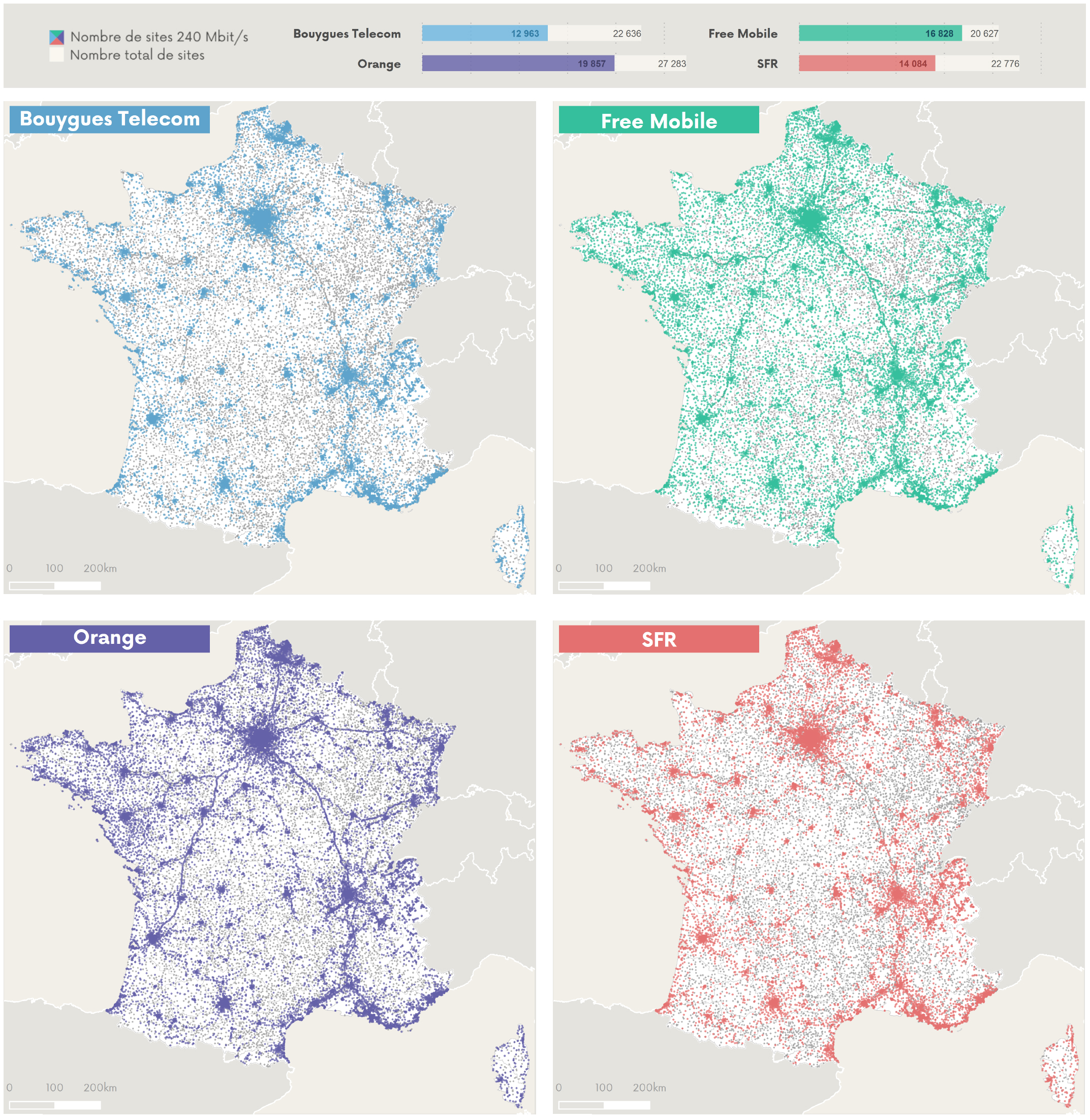 Cartographie des sites 240 Mb/s par opérateur (données au 30 septembre 2021)