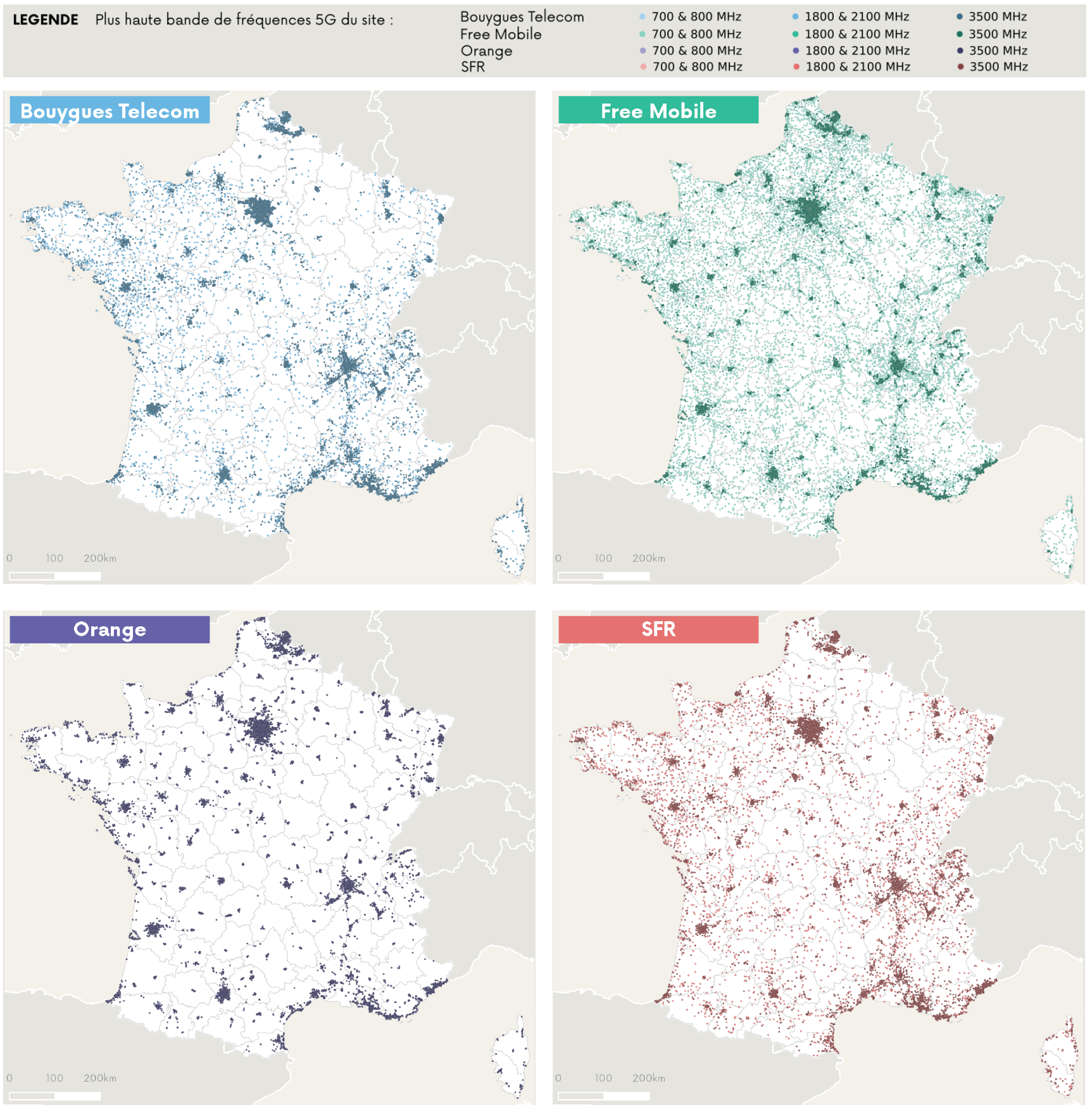 Cartographie des sites 5G ouverts commercialement par op&eacute;rateur