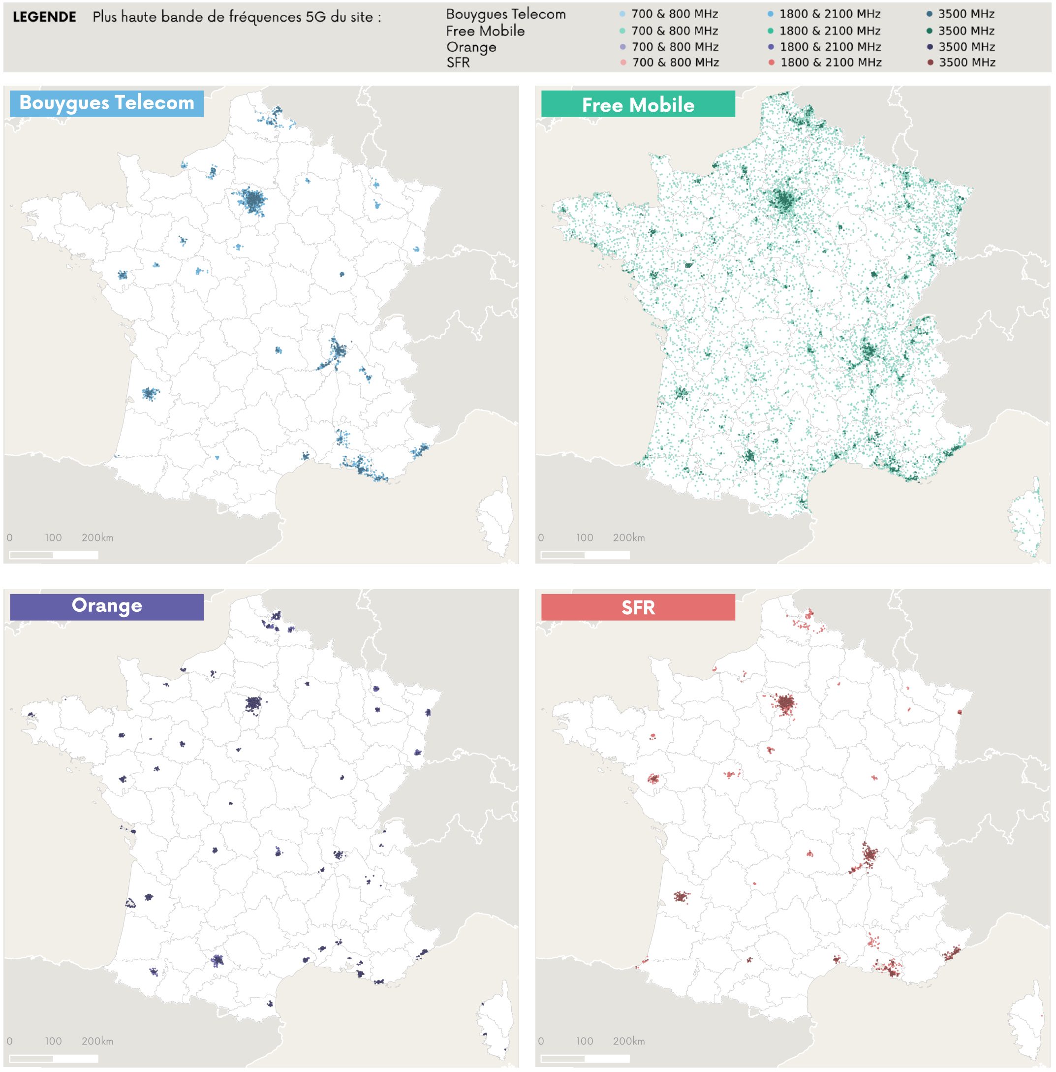 Cartographie des sites 5G ouverts commercialement par op&eacute;rateur