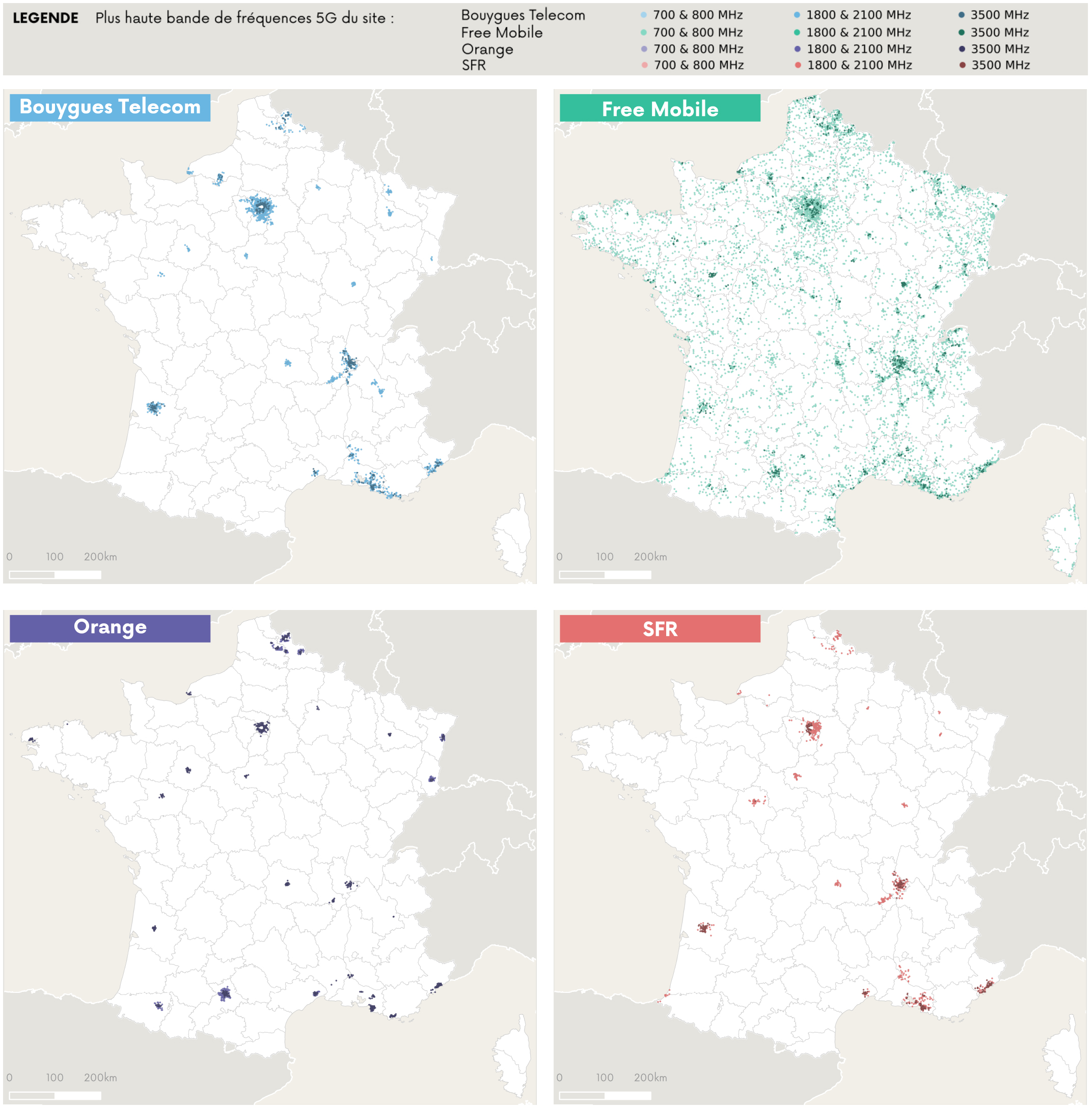 Cartographie des sites 5G ouverts commercialement par op&eacute;rateur