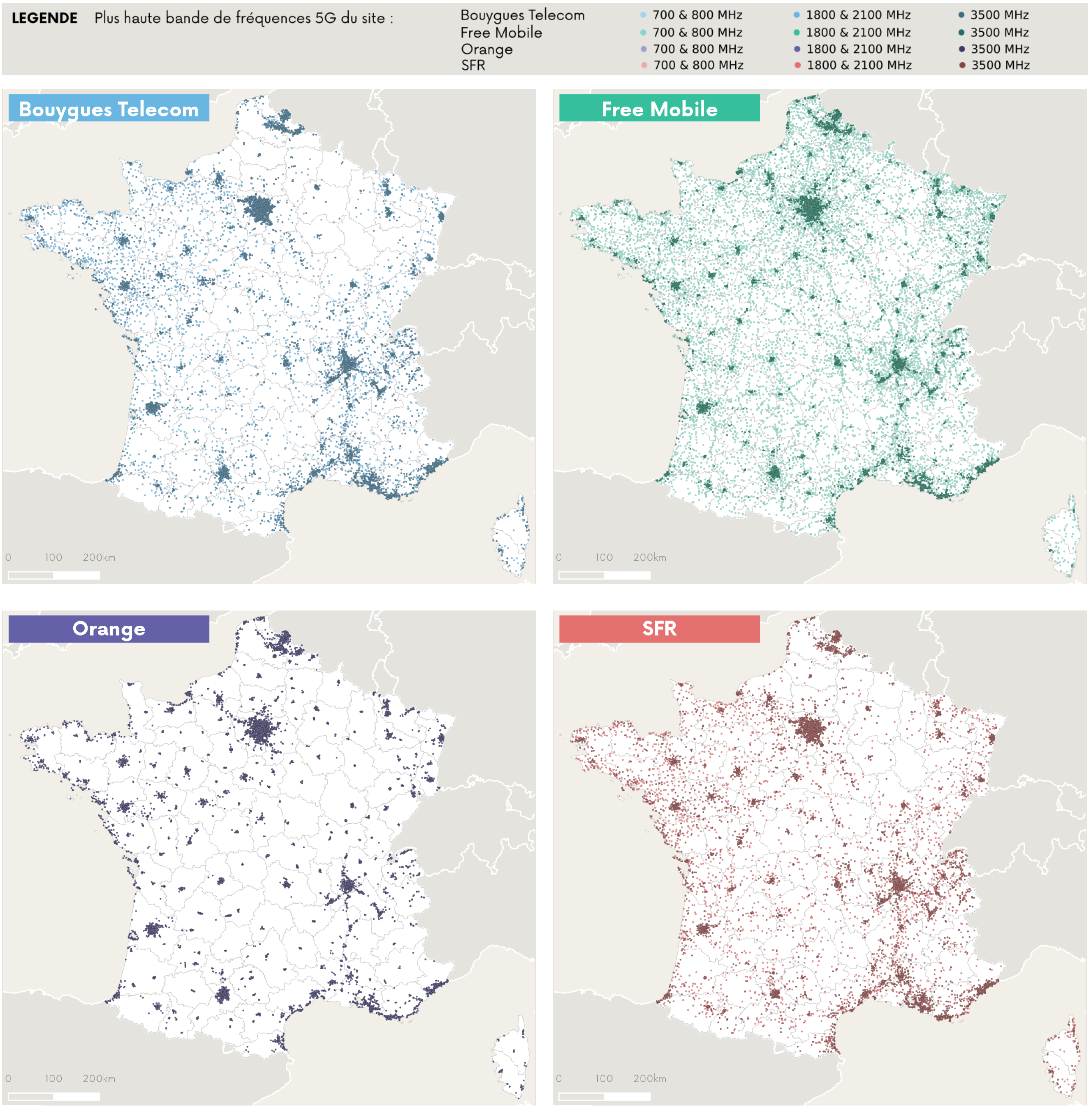 Cartographie des sites 5G ouverts commercialement par op&eacute;rateur