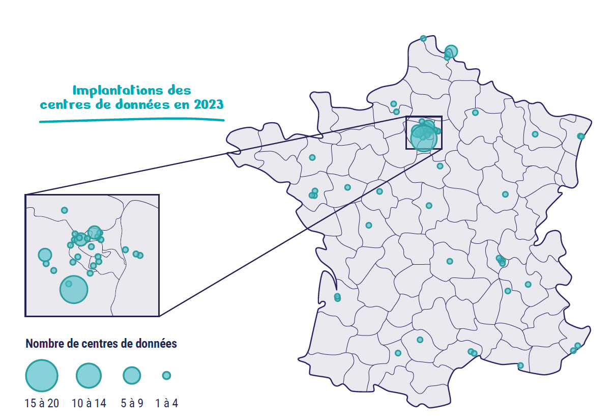 Infographie repr&eacute;sentant les implantations des centres de donn&eacute;es en France en 2023