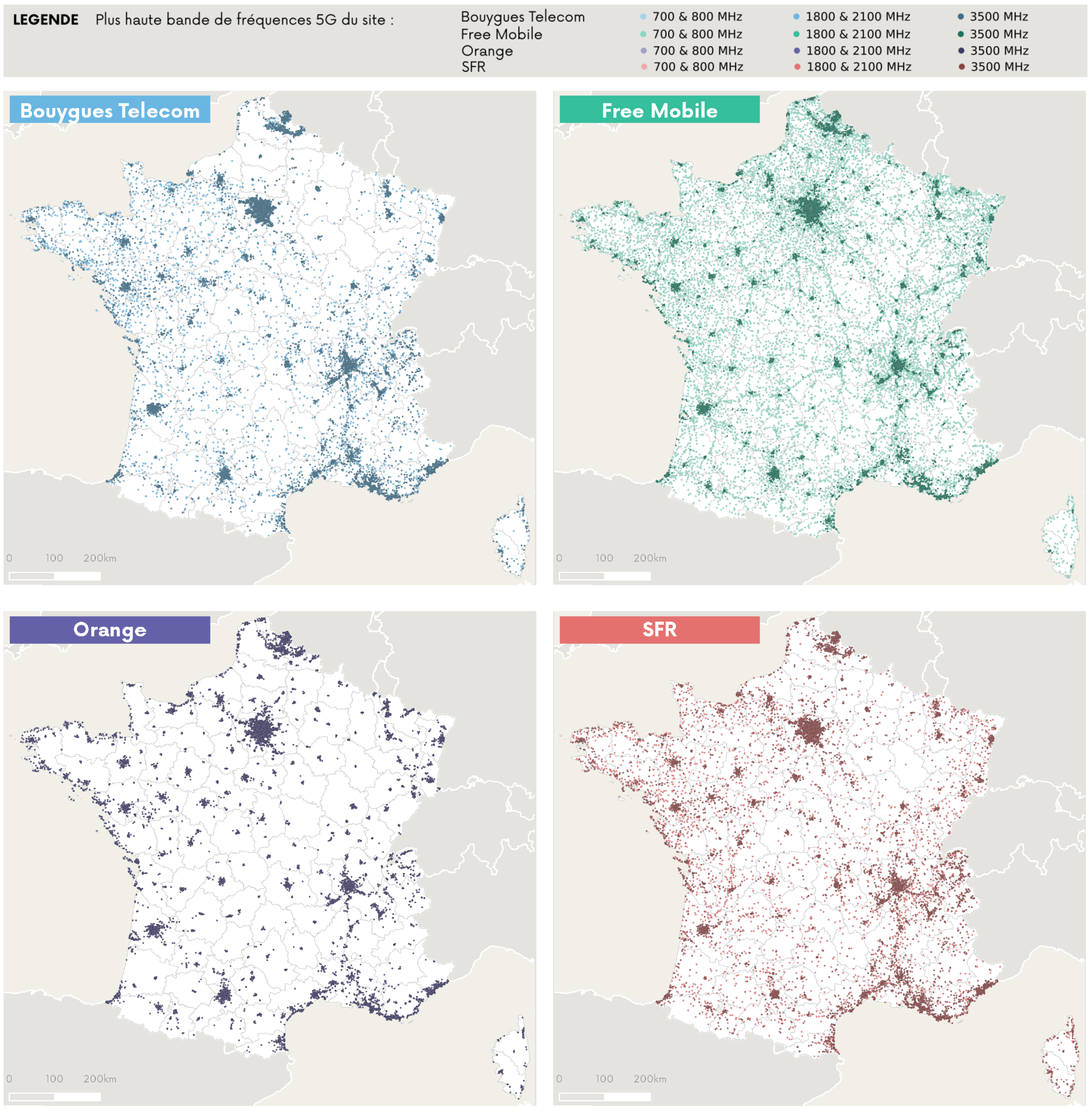 Cartographie des sites 5G ouverts commercialement par op&eacute;rateur
