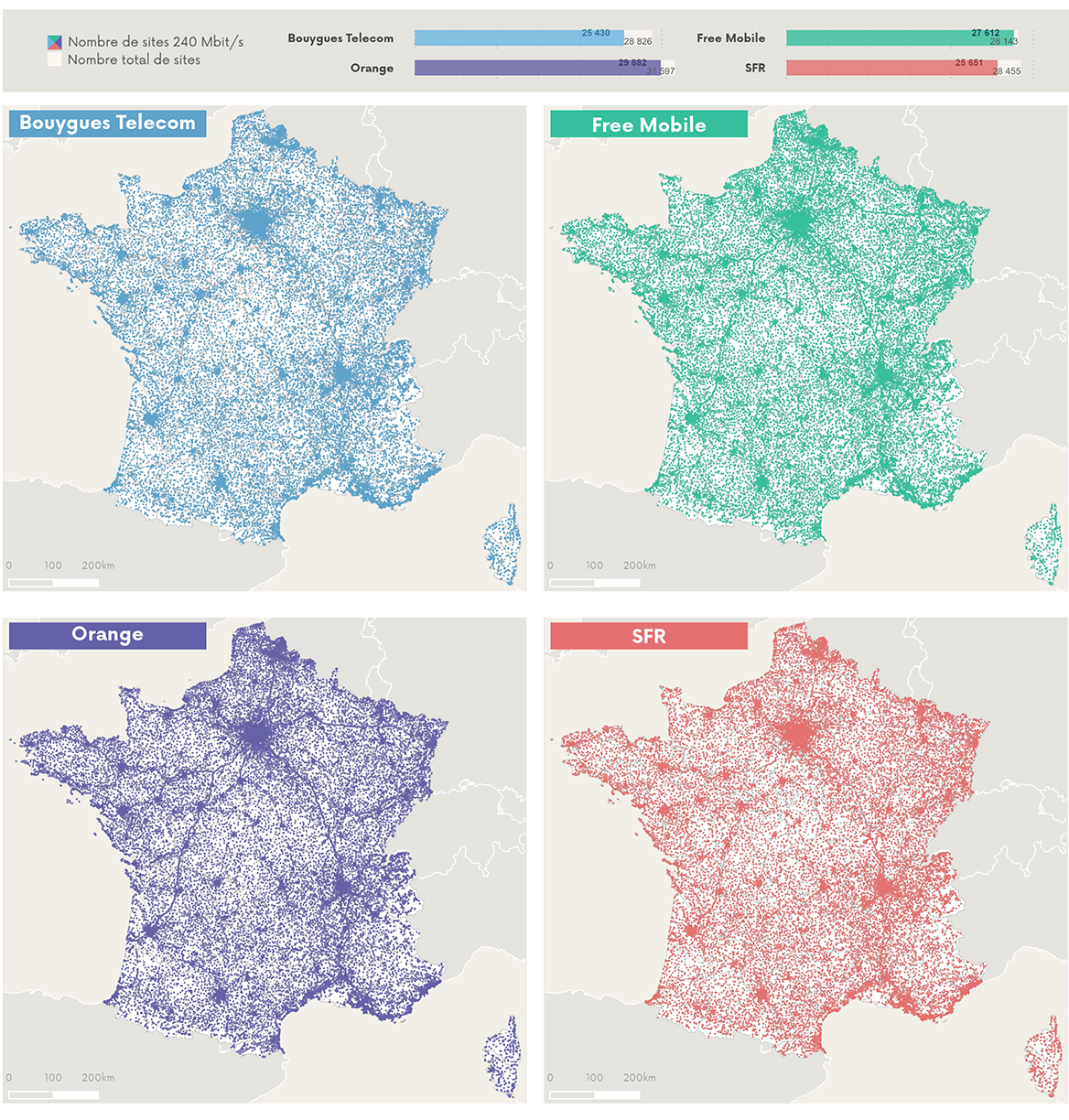 Cartographie des sites 240 Mb/s par op&eacute;rateur