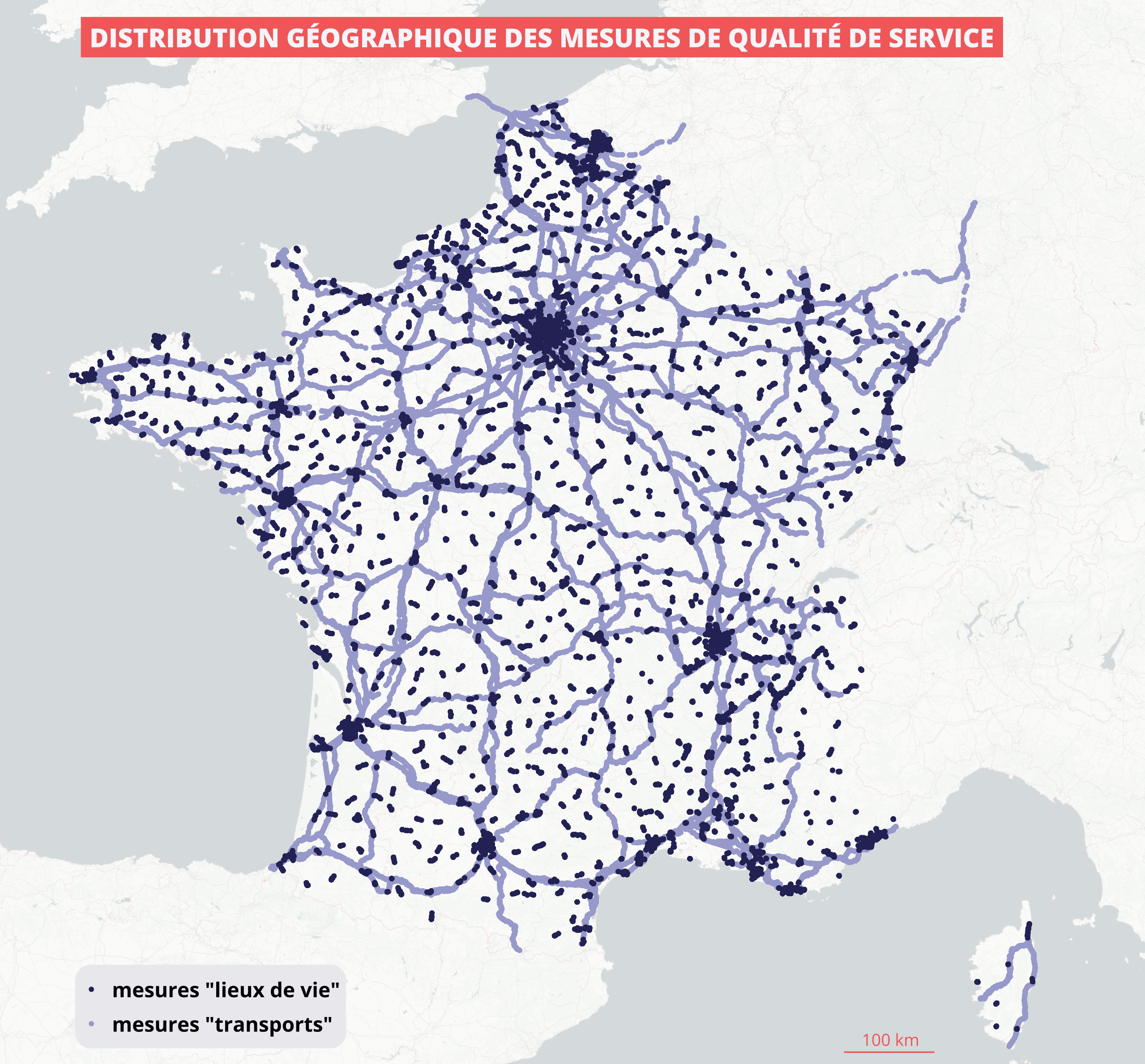 Carte repr&eacute;sentant la distribution g&eacute;ographique des mesures de qualit&eacute; de service