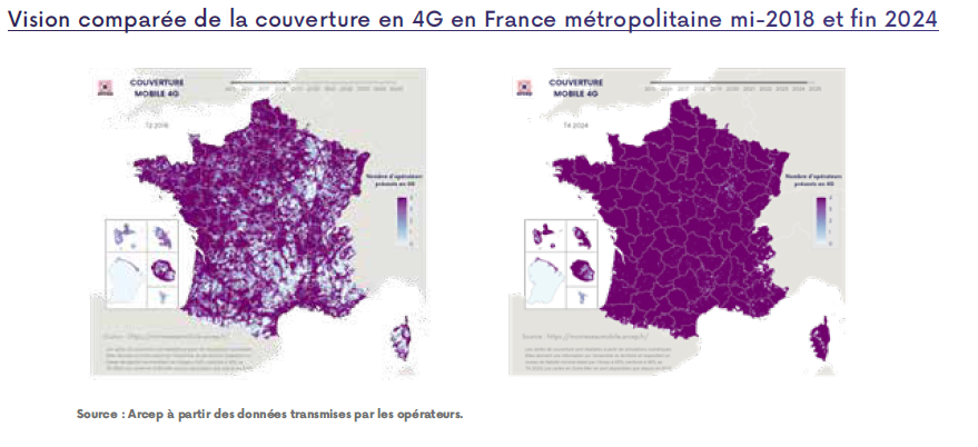 Vision compar&eacute;e de la couverture en 4G en France m&eacute;tropolitaine entre mi 2018 et fin 2024