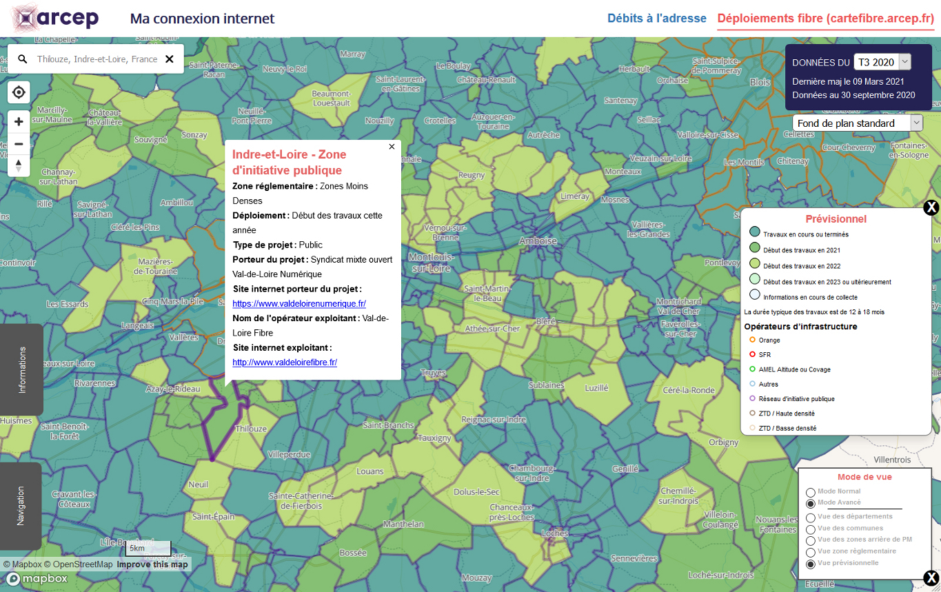 Carte de suivi des d&eacute;ploiements pr&eacute;visionnels des r&eacute;seaux fibre, autour de Mont&eacute;limar