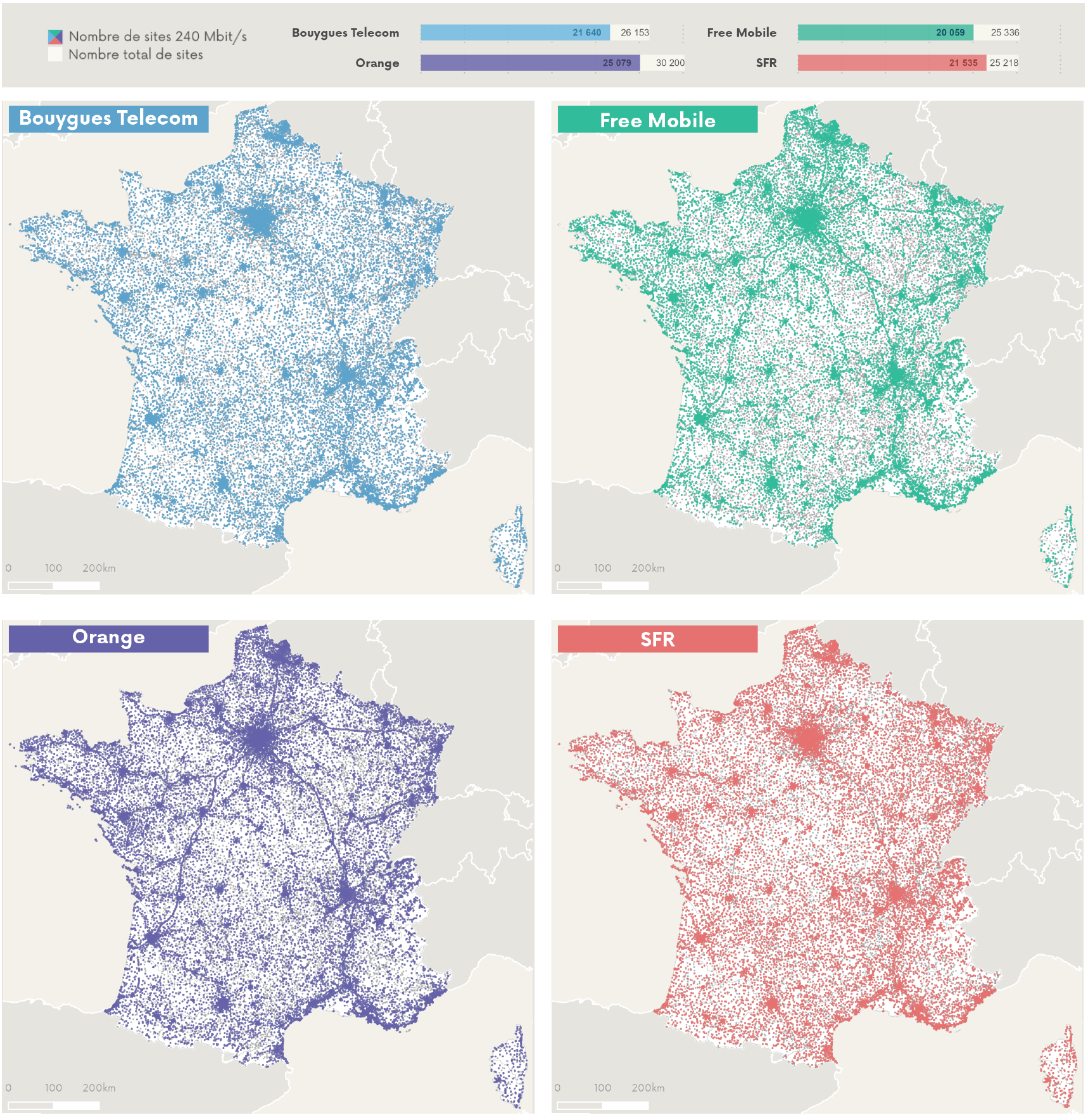 Cartographie des sites 240 Mb/s par op&eacute;rateur