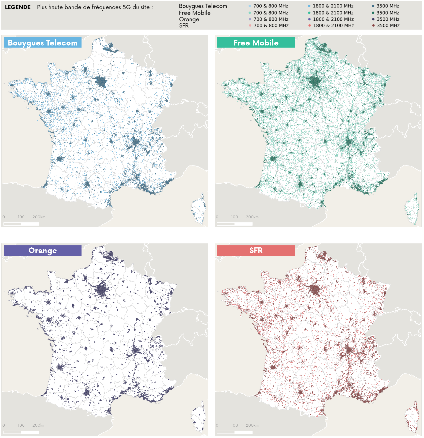 Cartographie des sites 5G ouverts commercialement par op&eacute;rateur