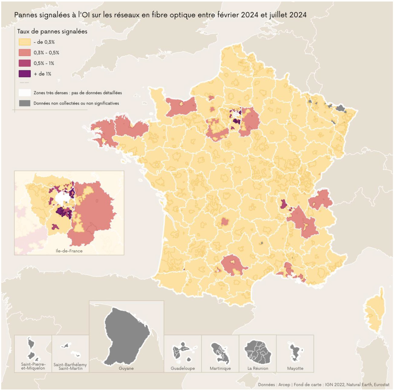 Carte de France m&eacute;tropolitaine repr&eacute;sentant les pannes signal&eacute;es &agrave; l'OI sur les r&eacute;seaux en fibre optique entre f&eacute;vrier 2024 et juillet 2024