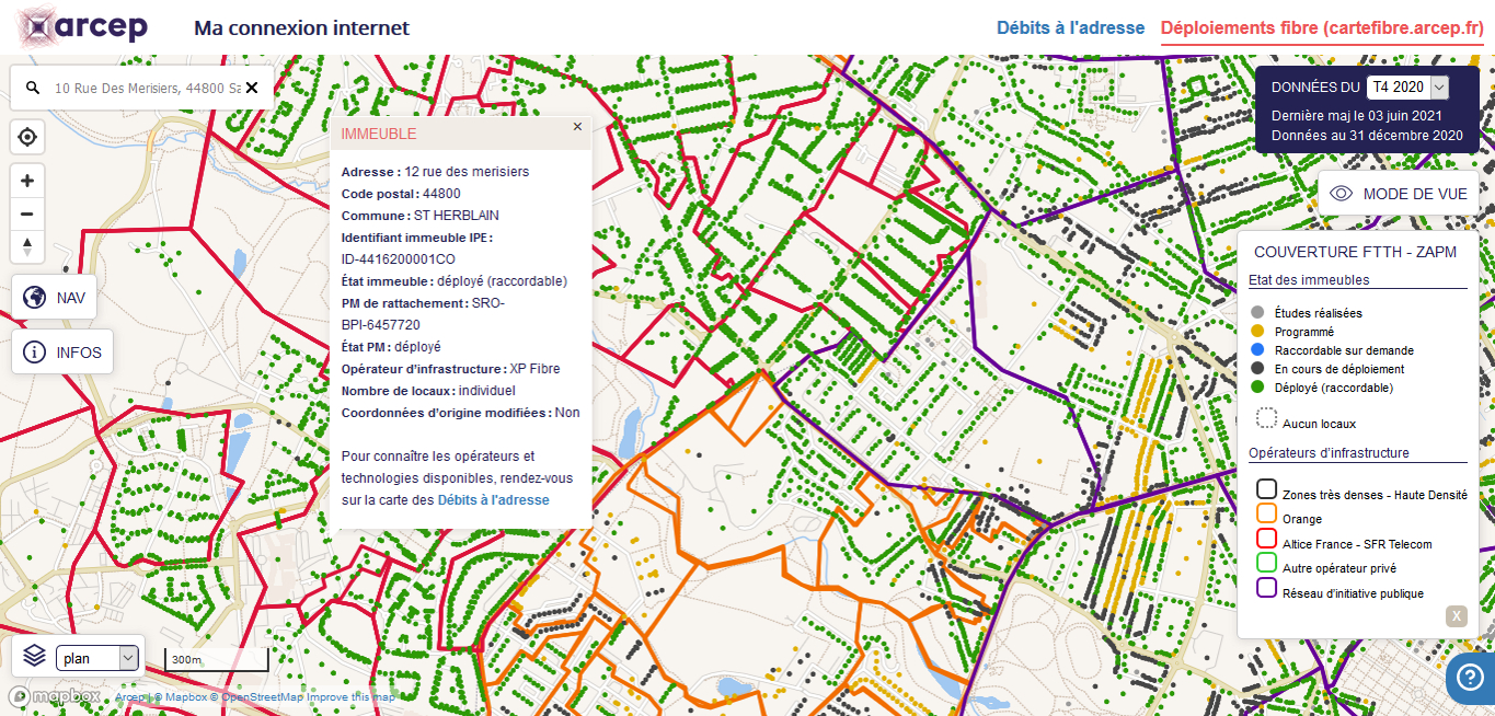 Carte de suivi des d&eacute;ploiements des r&eacute;seaux fibre par adresse, &agrave; Nantes