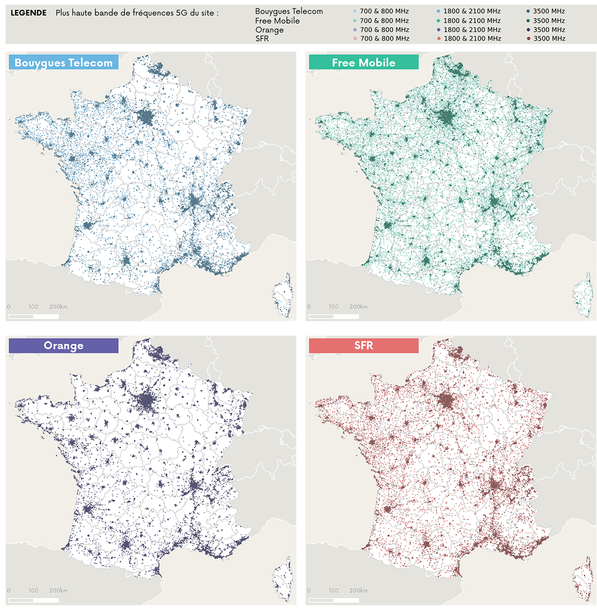 Cartographie des sites 5G ouverts commercialement par op&eacute;rateur