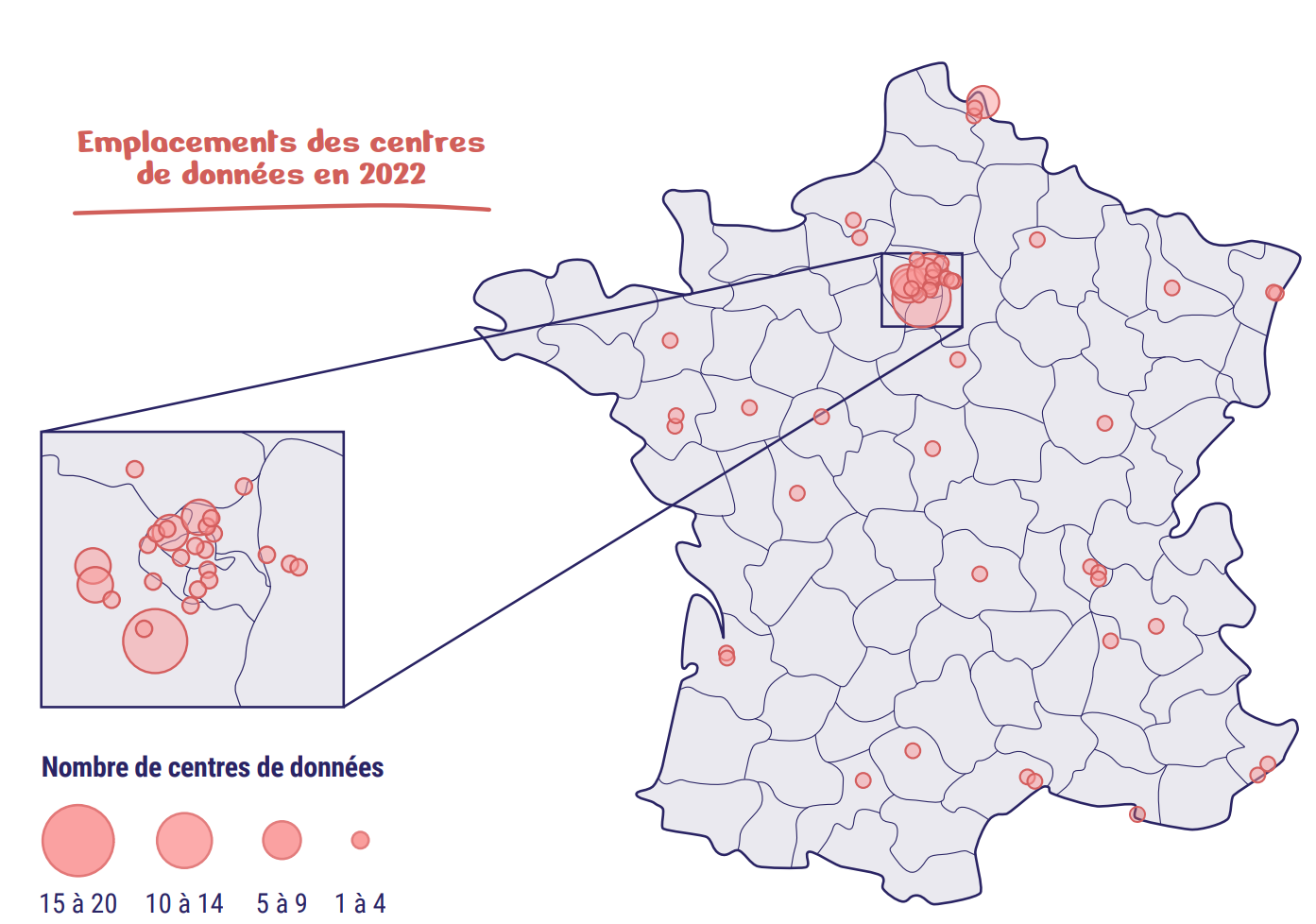 Infographie repr&eacute;sentant les emplacements des centres de donn&eacute;es en 2022