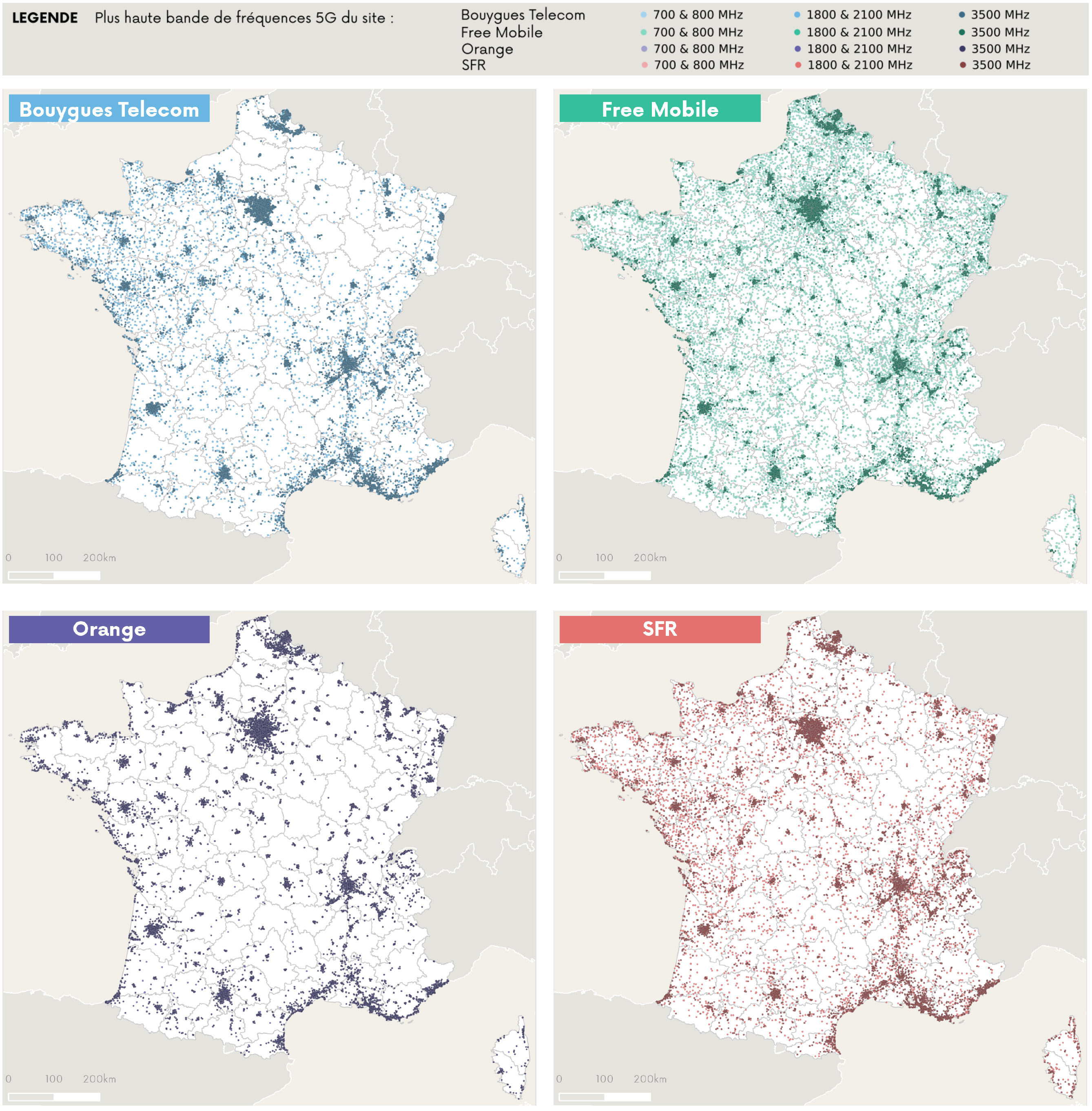Cartographie des sites 5G ouverts commercialement par op&eacute;rateur