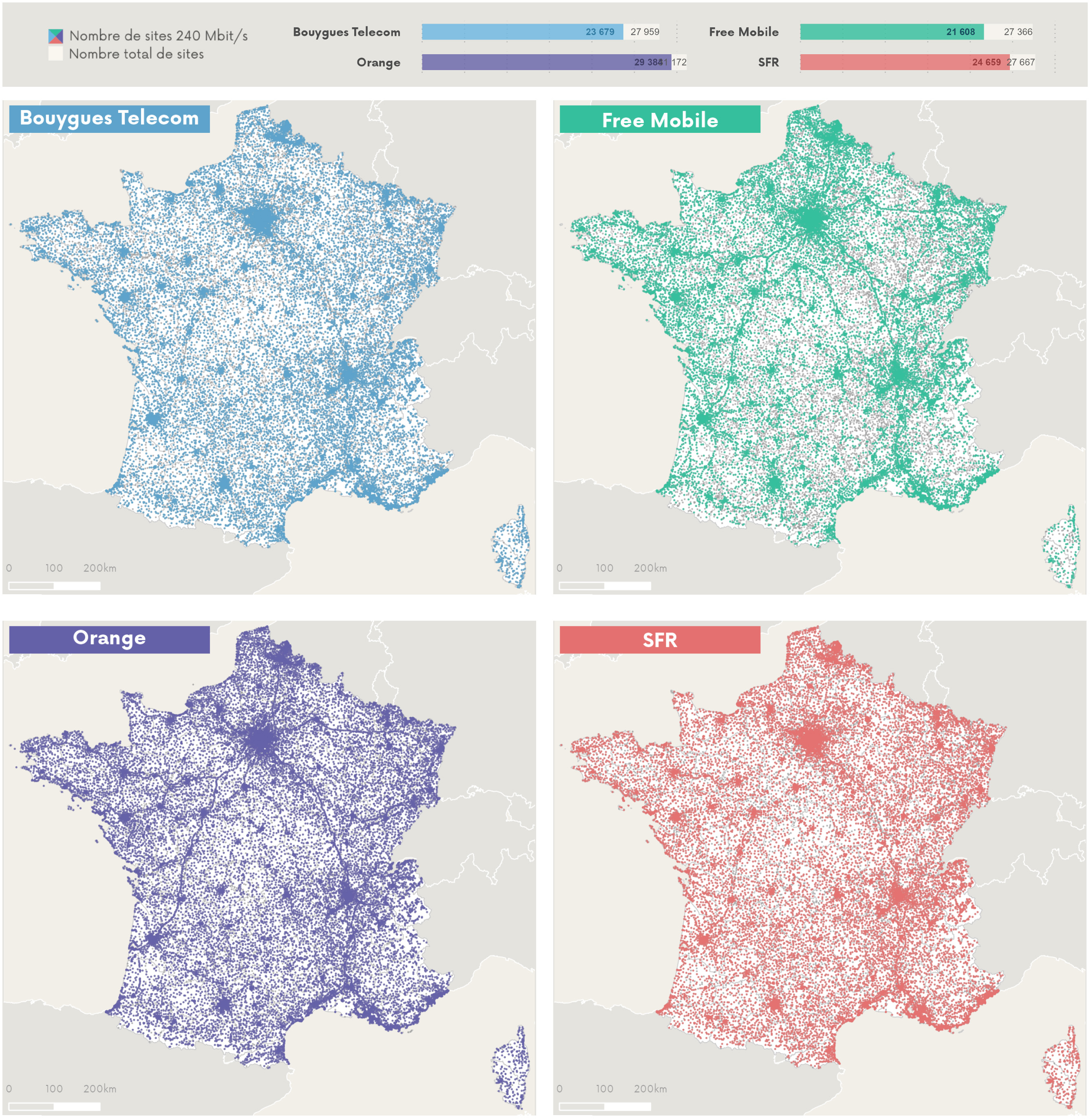 Cartographie des sites 240 Mb/s par op&eacute;rateur