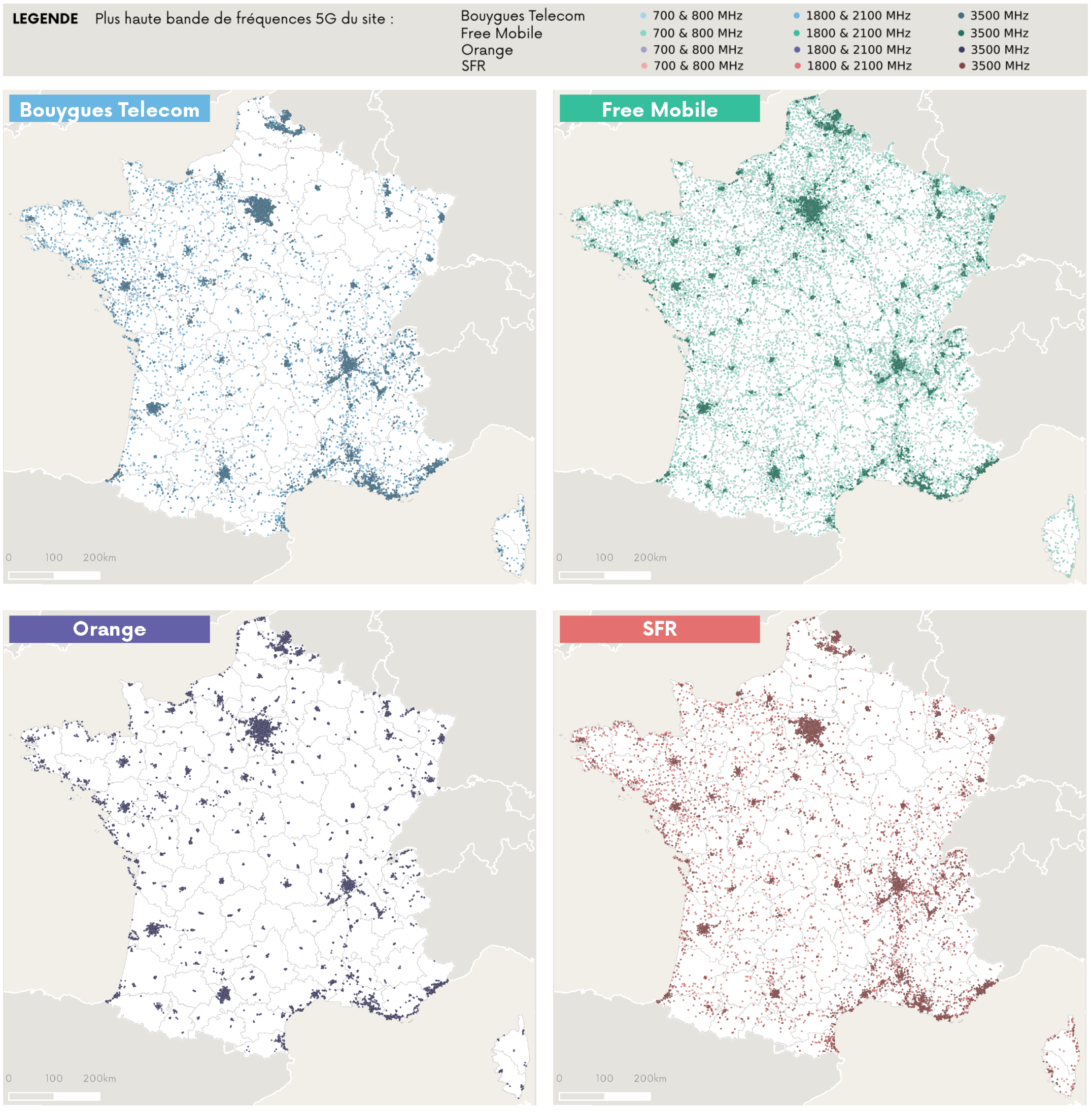Cartographie des sites 5G ouverts commercialement par op&eacute;rateur
