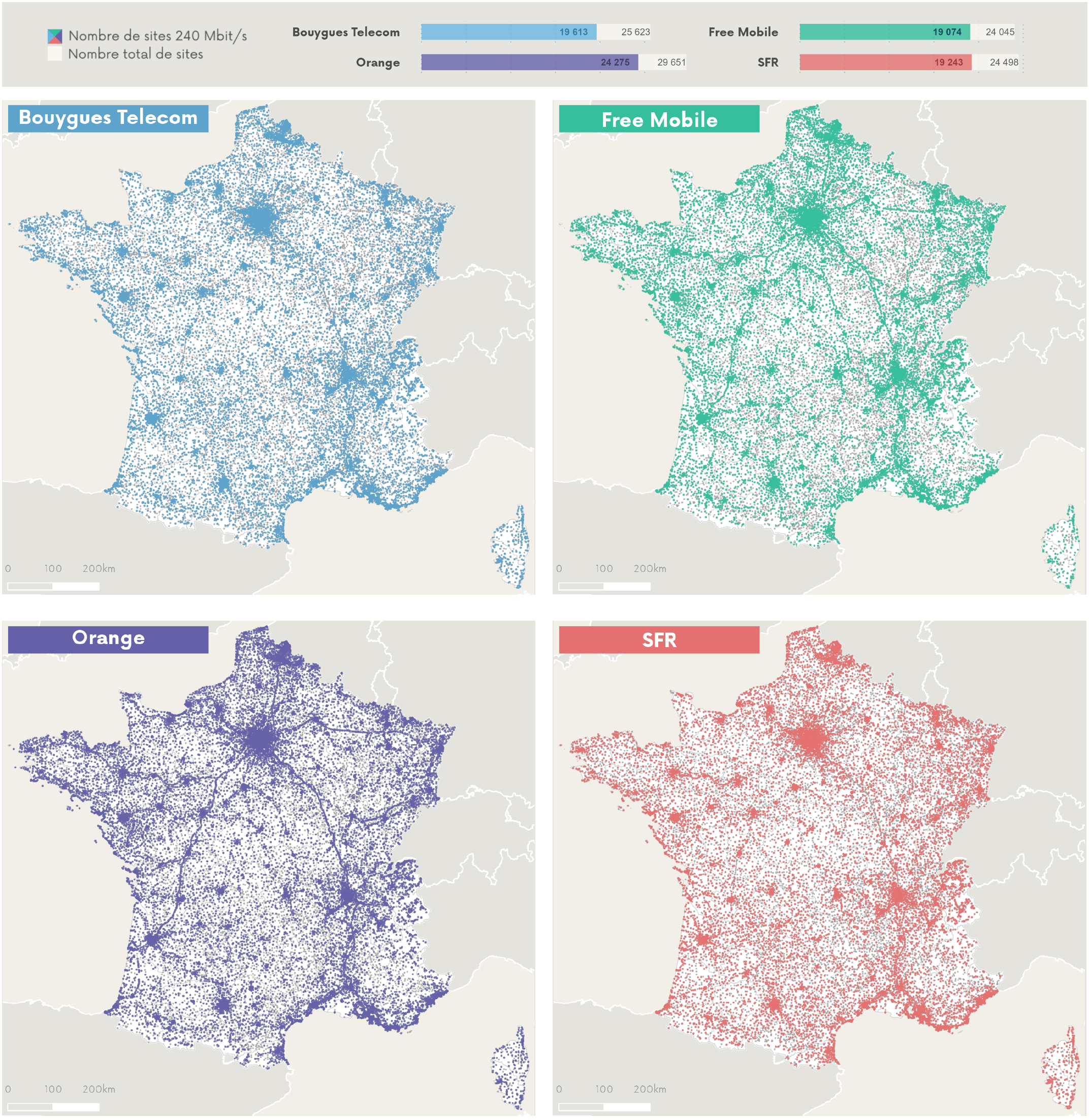 Cartographie des sites 240 Mb/s par op&eacute;rateur