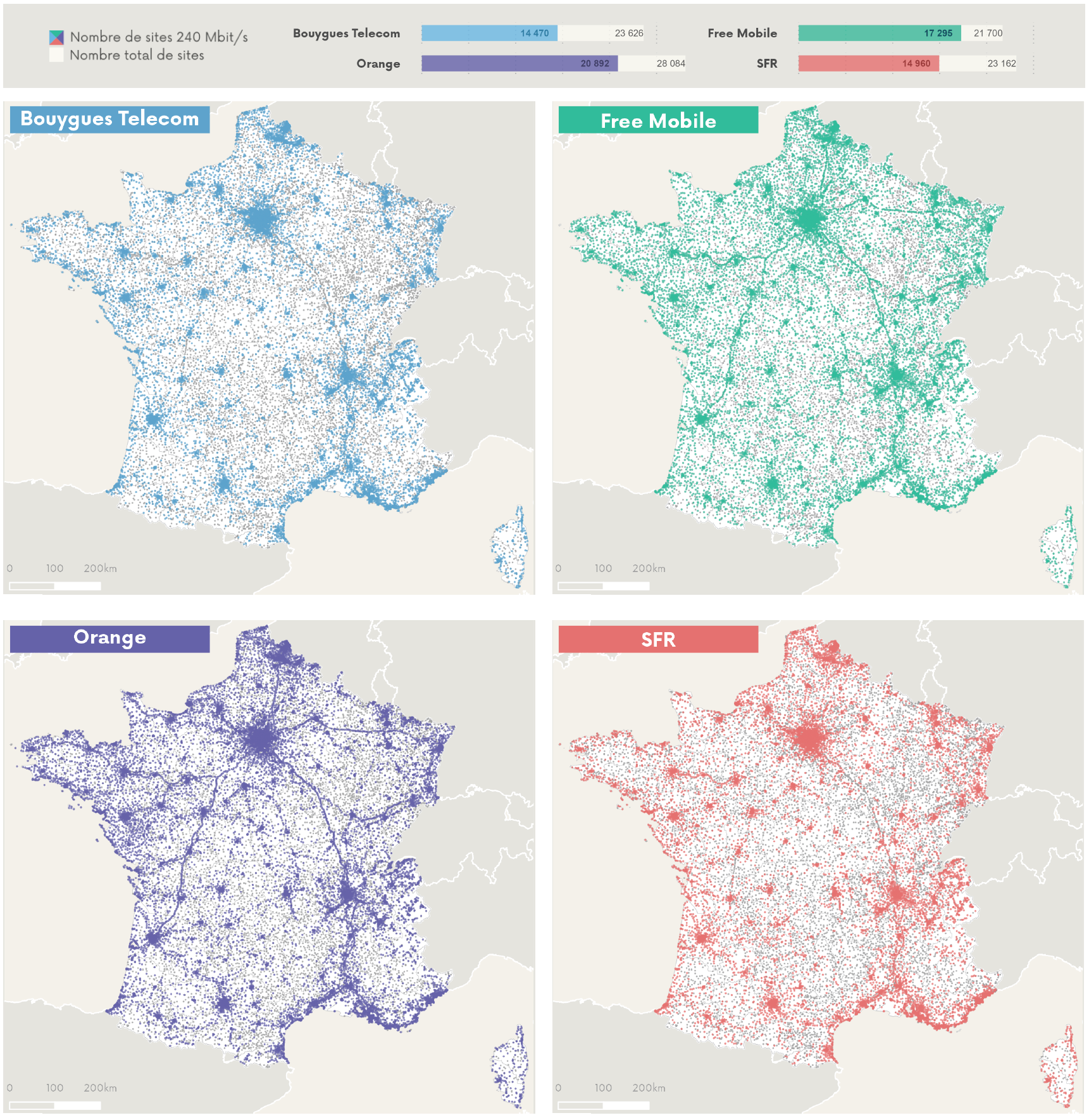 Cartographie des sites 240 Mb/s par op&eacute;rateur