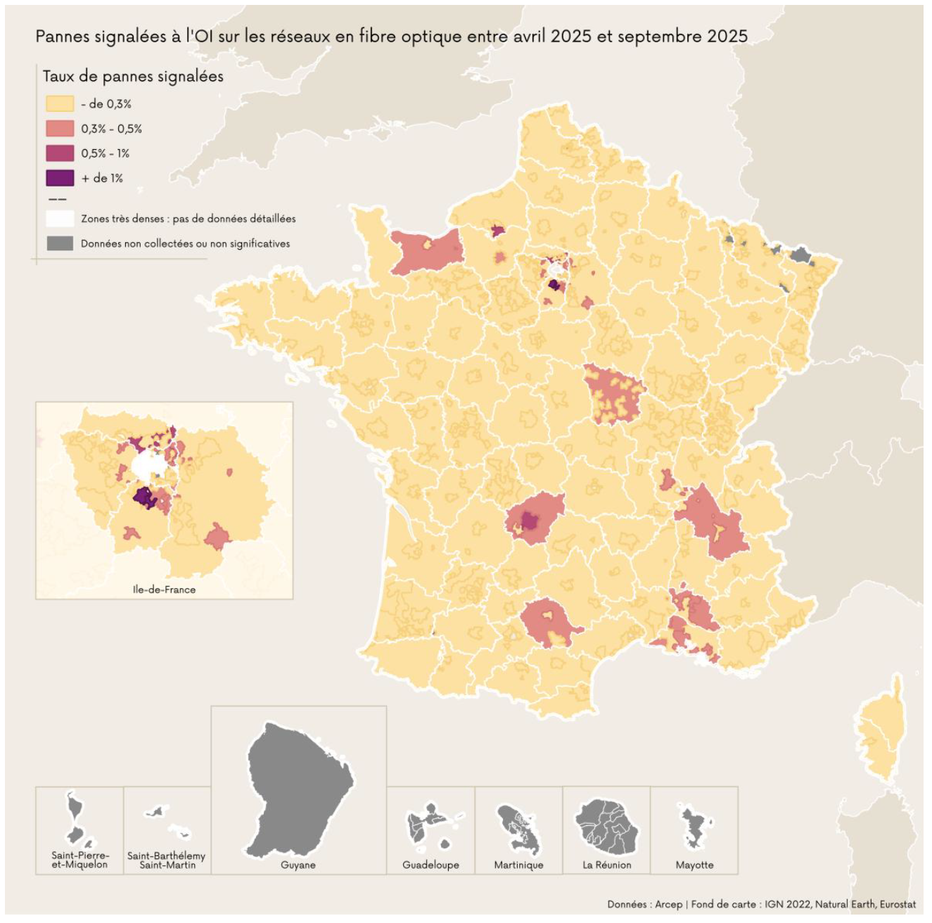 Carte représentant les pannes signalées à l'OI sur les réseaux en fibre optique entre avril 2025 et septembre 2025 Carte représentant les pannes signalées à l'OI sur les réseaux en fibre optique entre avril 2025 et septembre 2025