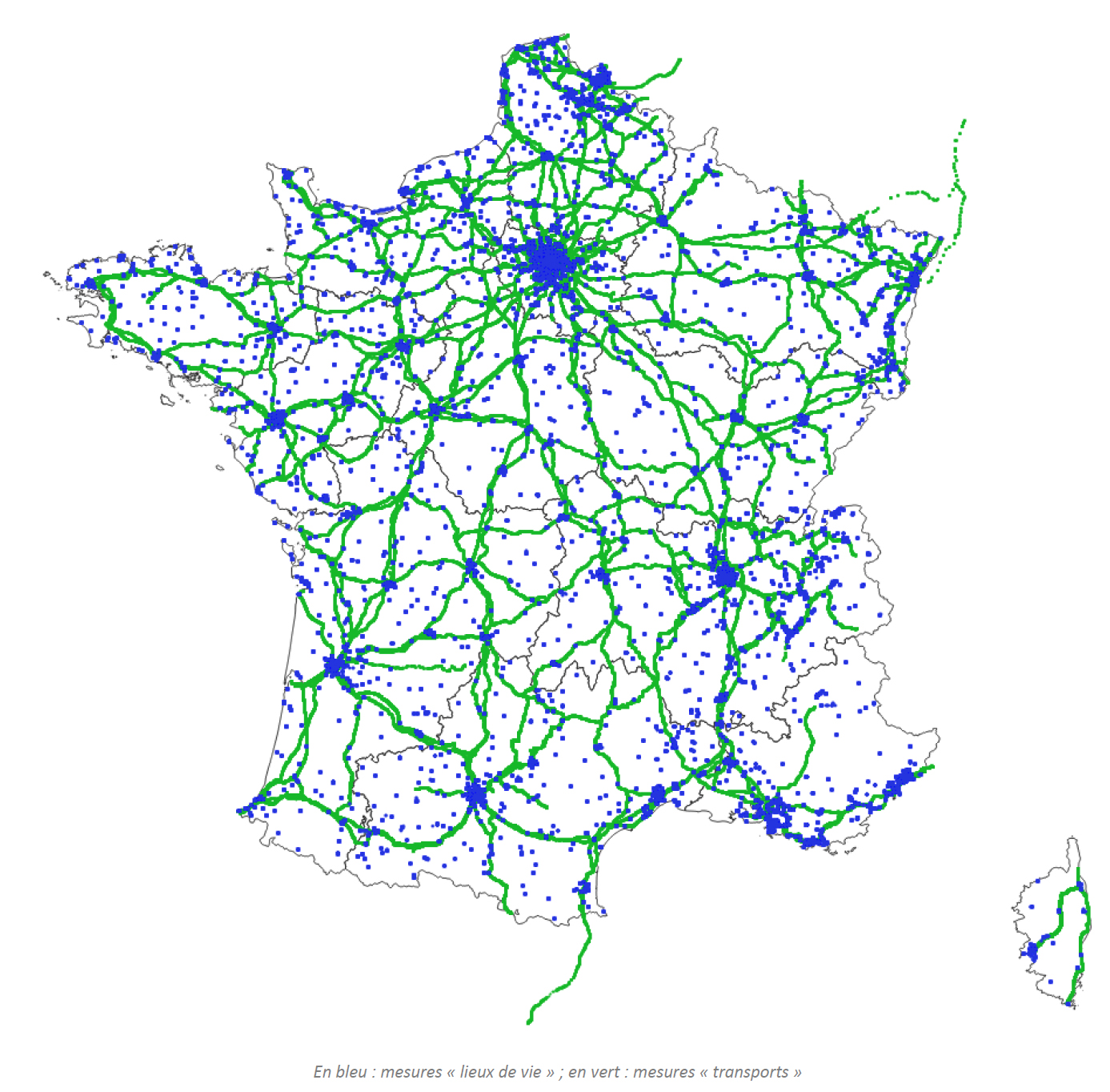 En bleu : mesures &laquo; lieux de vie &raquo; ; en vert : mesures &laquo; transports &raquo;