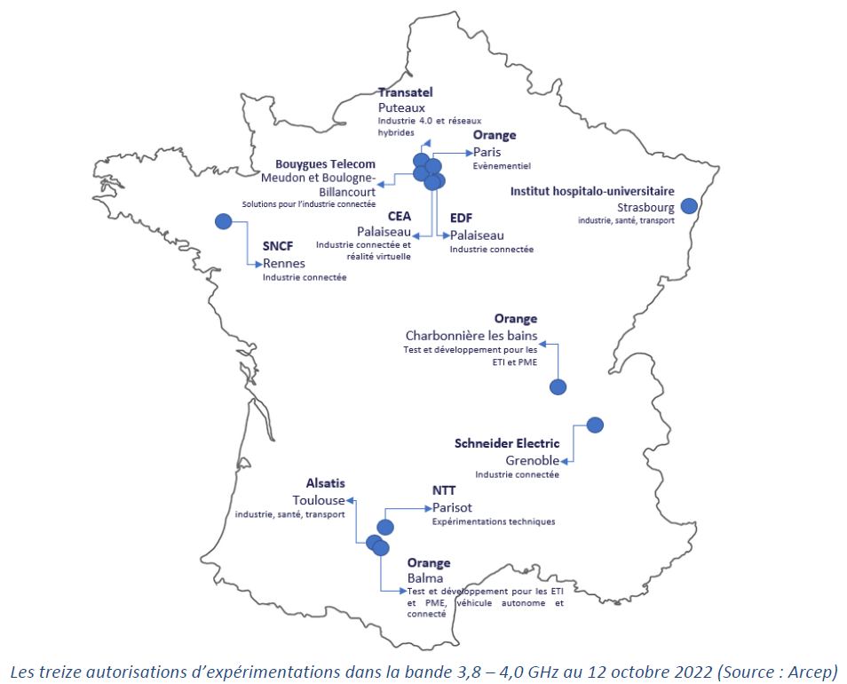 Carte des exp&eacute;rimentations dans la bande 3,8 &ndash; 4,0 GHz au 12 octobre 2022 