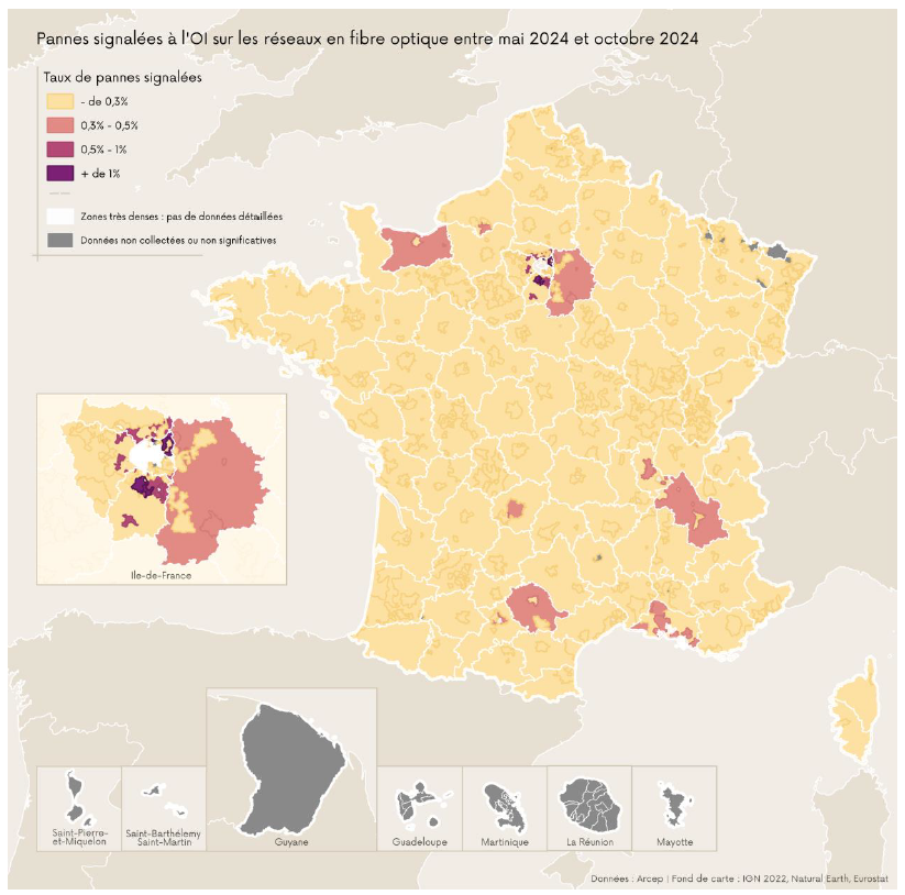 Carte repr&eacute;sentant les pannes signal&eacute;es &agrave; l'OI sur les r&eacute;seaux en fibre optique entre mai 2024 et octobre 2024