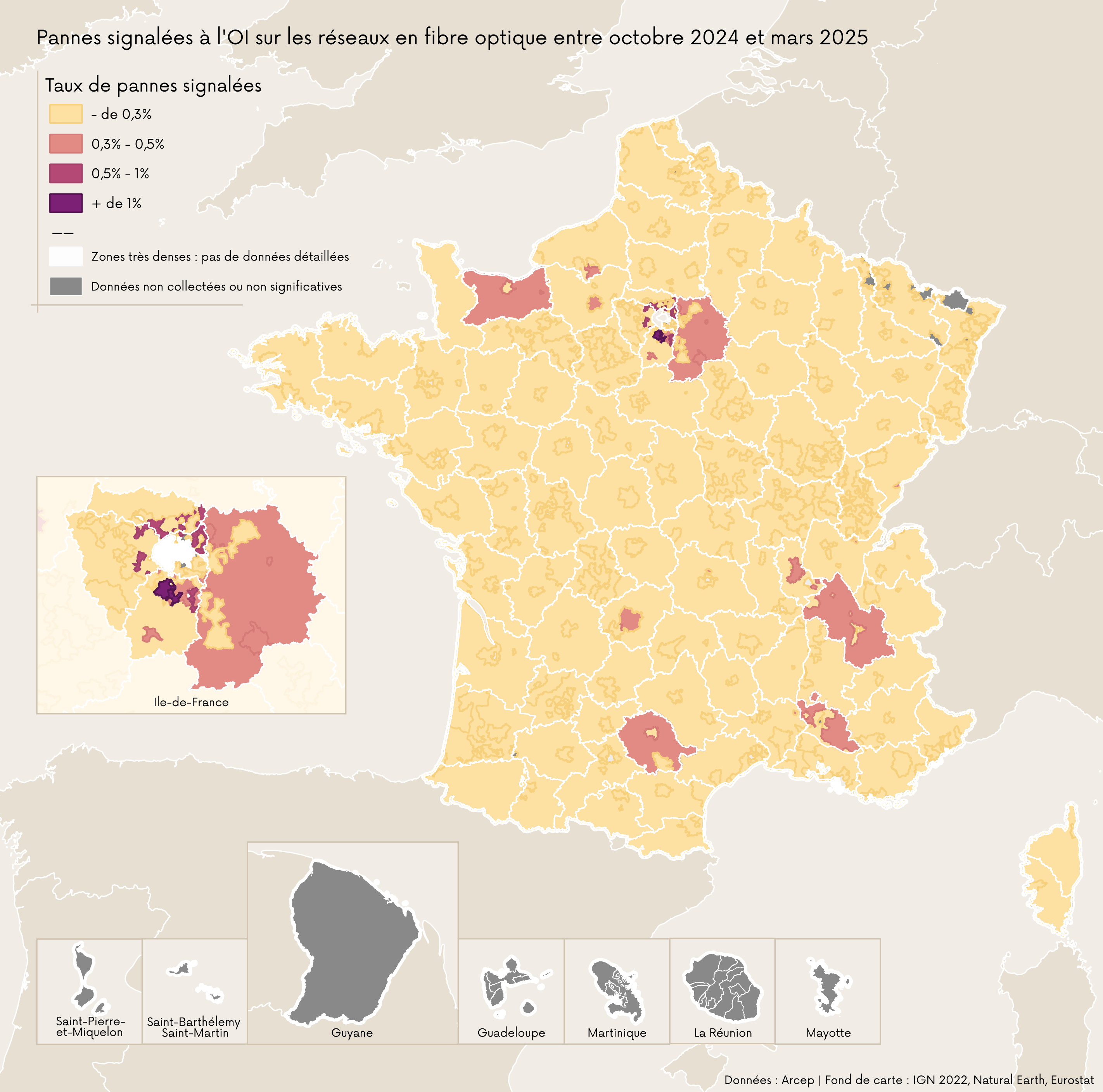 Carte représentant les pannes signalées à l'OI sur les réseaux en fibre optique entre octobre 2024 et mars 2025 Carte représentant les pannes signalées à l'OI sur les réseaux en fibre optique entre octobre 2024 et mars 2025